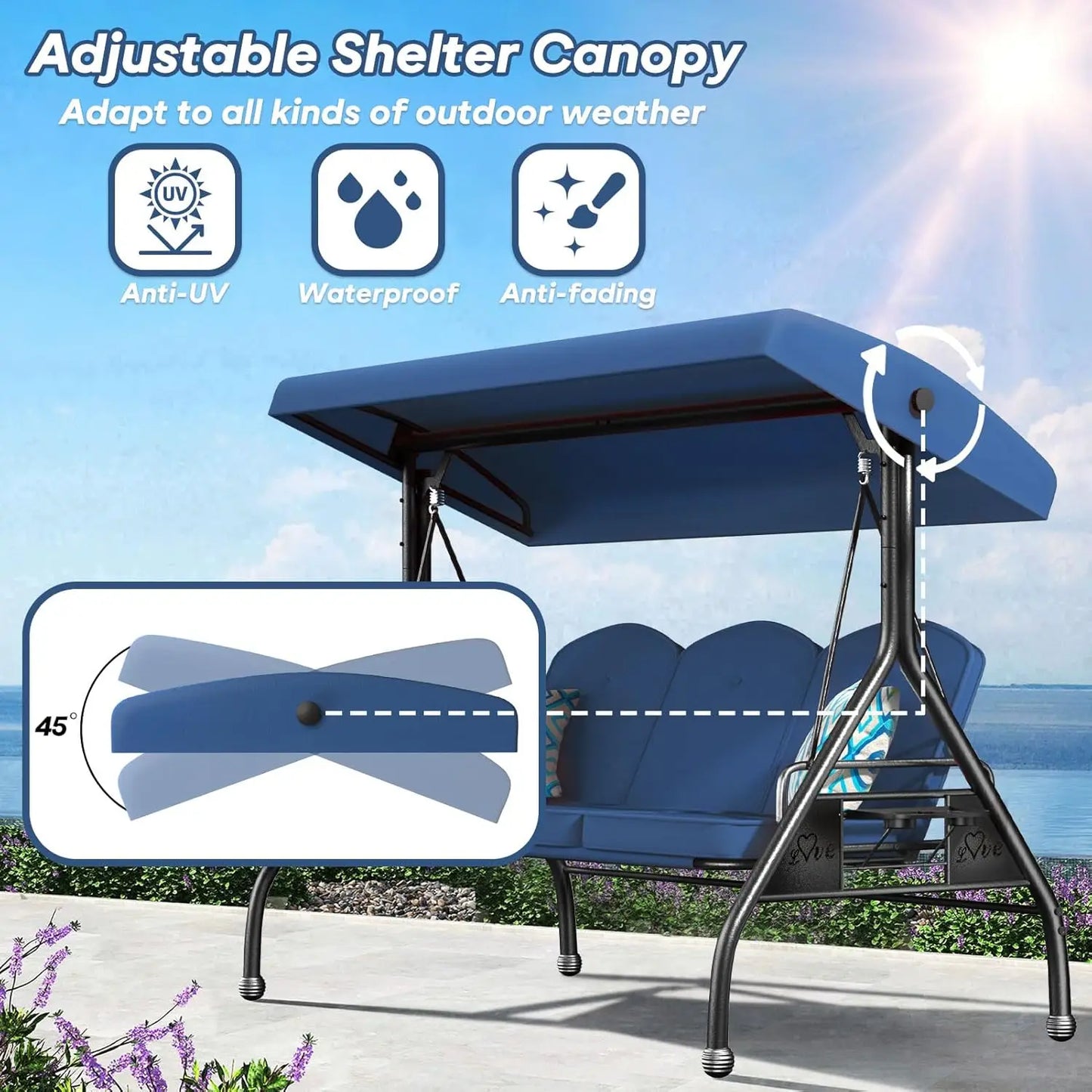 Three Seat Outdoor Patio Swing With Canopy And Convertible Bed