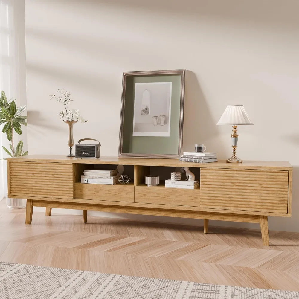 HUANZHUANG Mid Century Modern TV Console With Fluted Sliding Doors