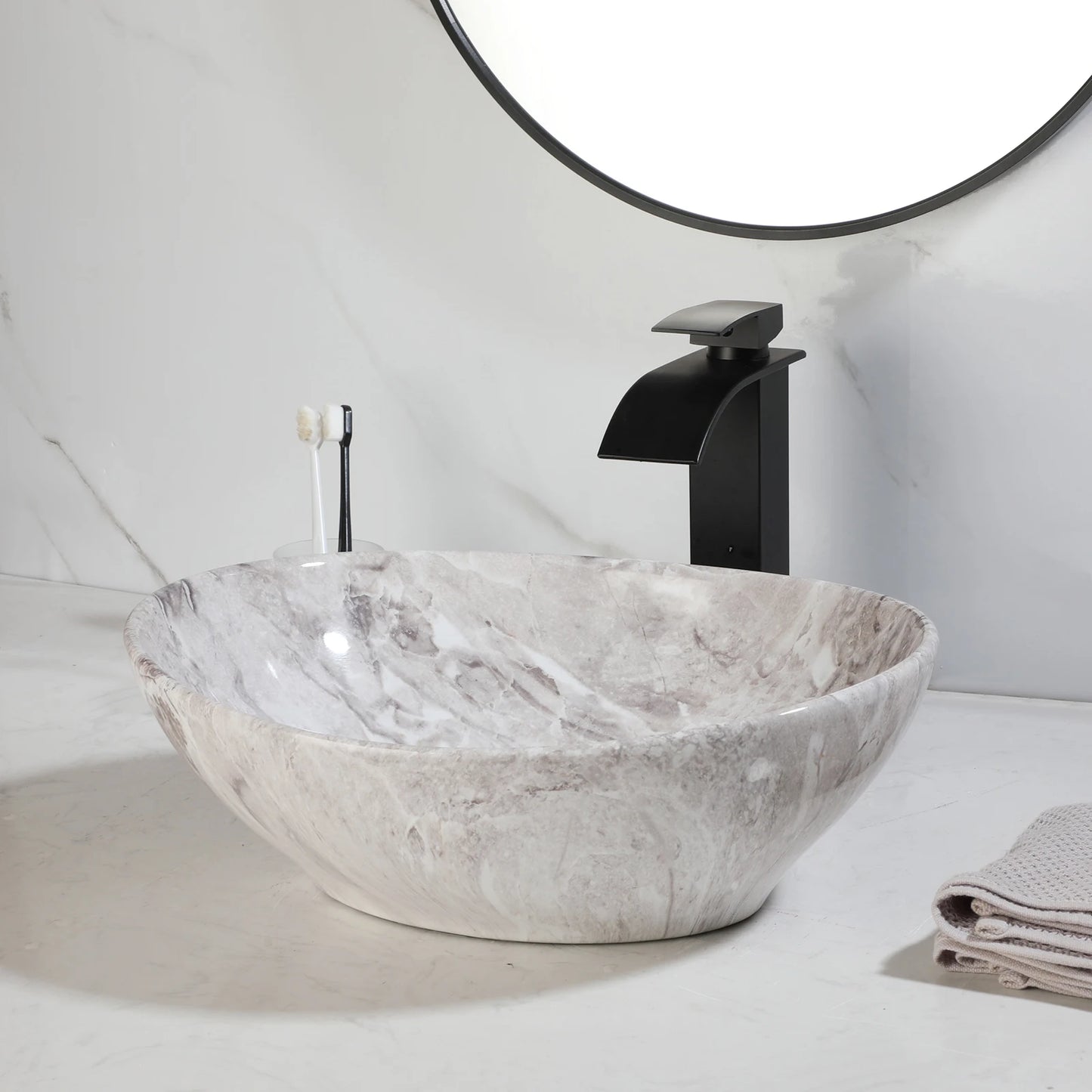 KEMAIDI Oval Vessel Sink with Faucet White Marbling Bathroom Vessel Sinks Above Counter  Ceramic Vessel Sinks for Bathroom Mixer