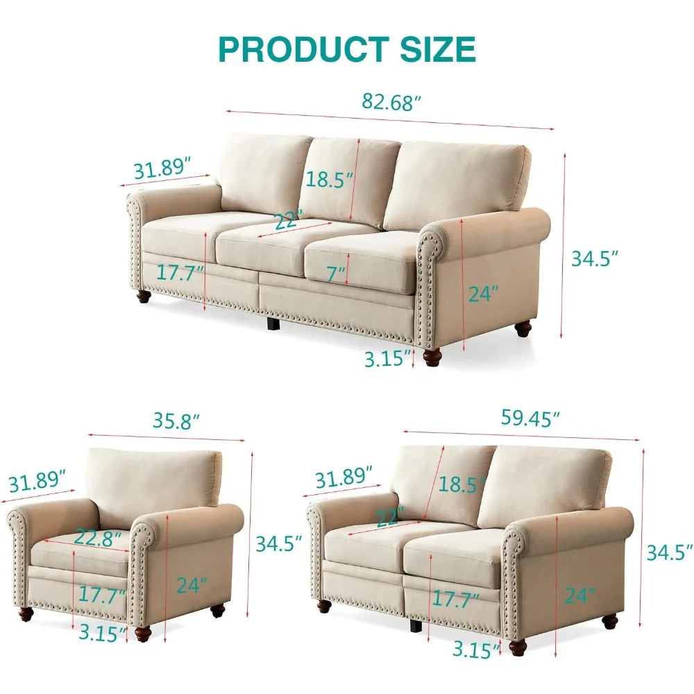 82'' Linen Fabric Couch,Living Room Furniture Sofa Set, Rivet Decoration Sectional Sofa Set for Living Room Apply to Office