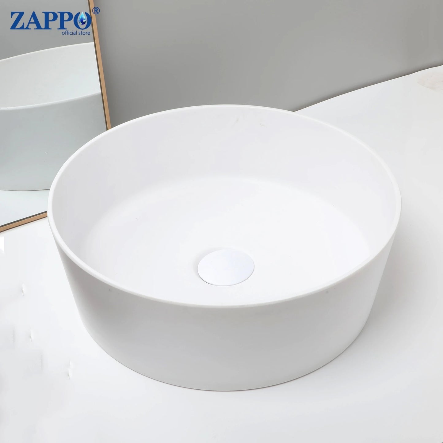 ZAPPO Bathroom Vessel Sink With Drain Bathroom Stone Resin Washbasin Round Above Counter Bowl Sinks for Bar Hotel (No Faucet)
