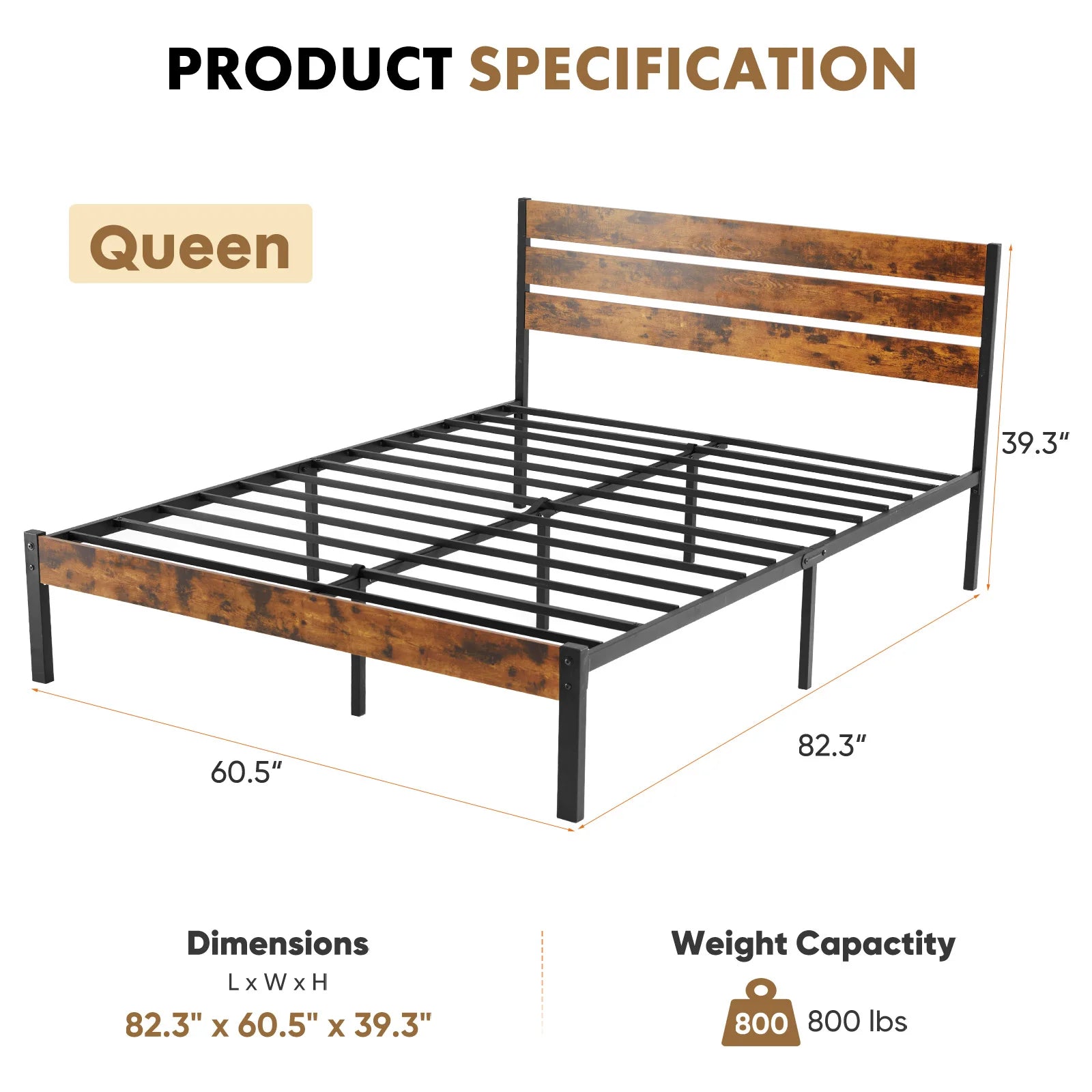 JHK Metal Platform Bed Frame Headboard And Footboard Slats