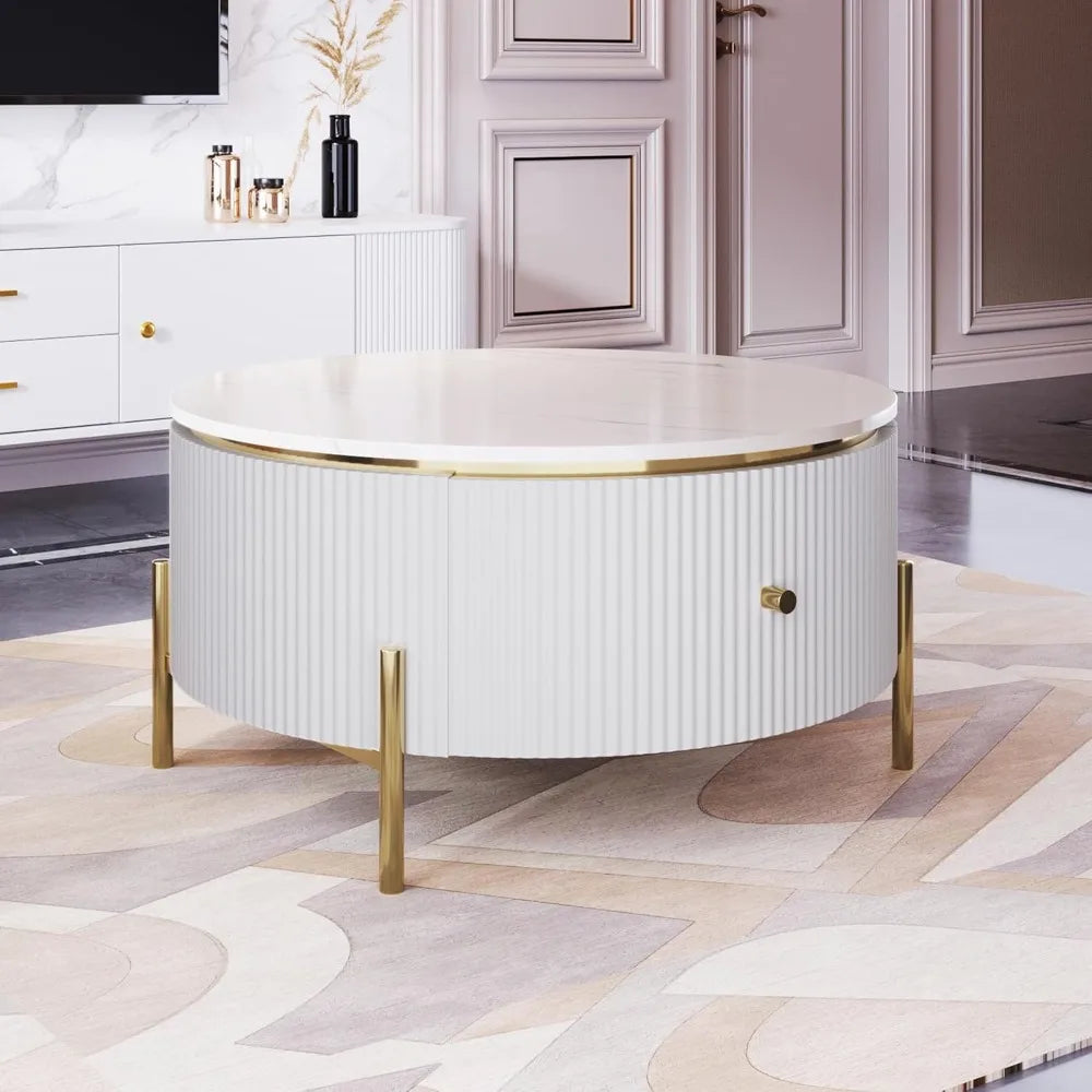 Contemporary Round Marble Pattern Coffee Table With 2 Storage Drawers