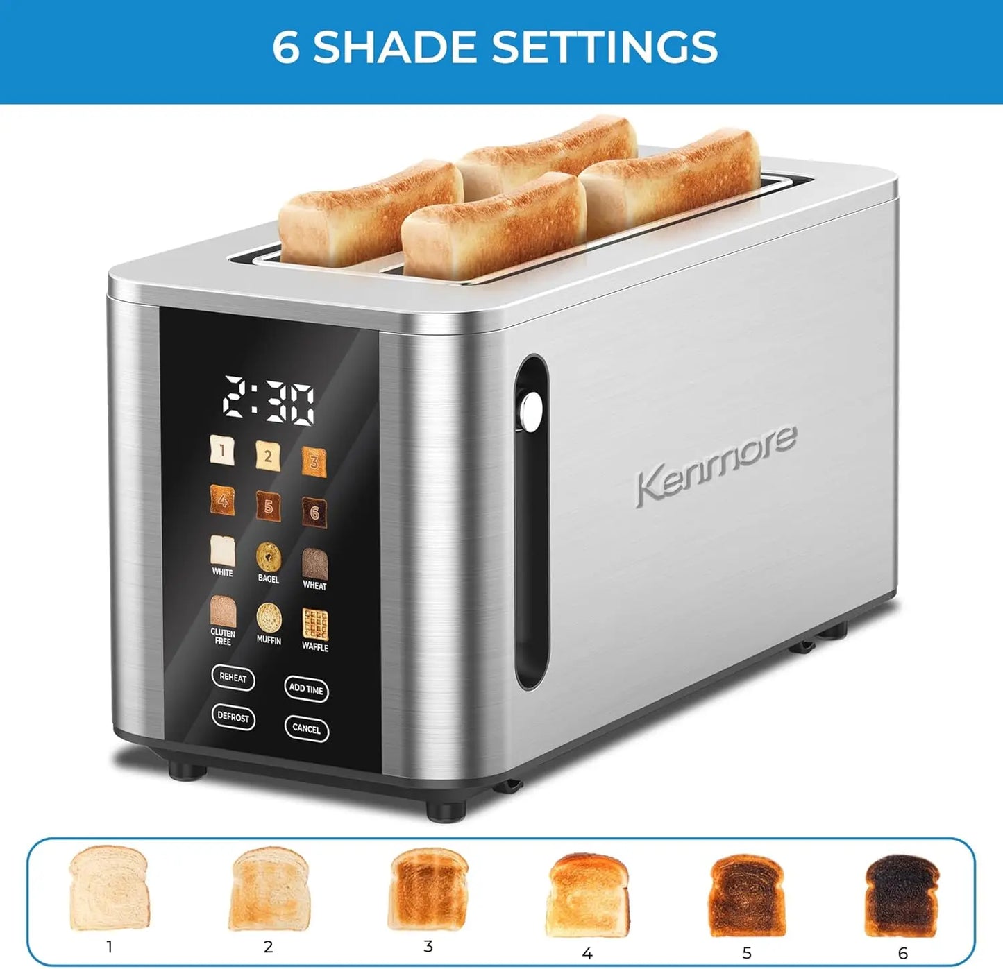 Kenmore 4-Slice Digital Touchscreen Toaster - 900W StainlSteel, Wide Slots 6 Shade Settings, Bread Presets, Countdown Timer