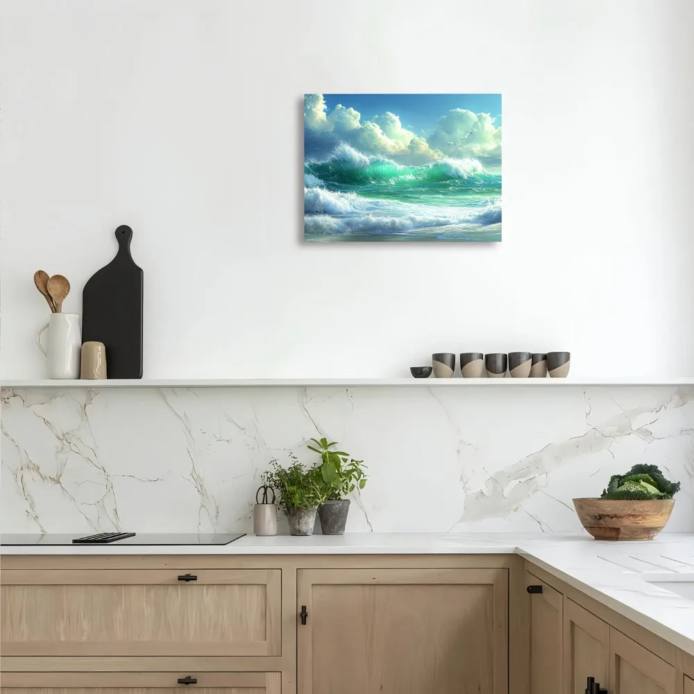 Wave Canvas Wall Art Landscape With Pine Frame Clouds