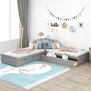 Softsea Double Twin Bed Frame for Kids House Bed Nightstand