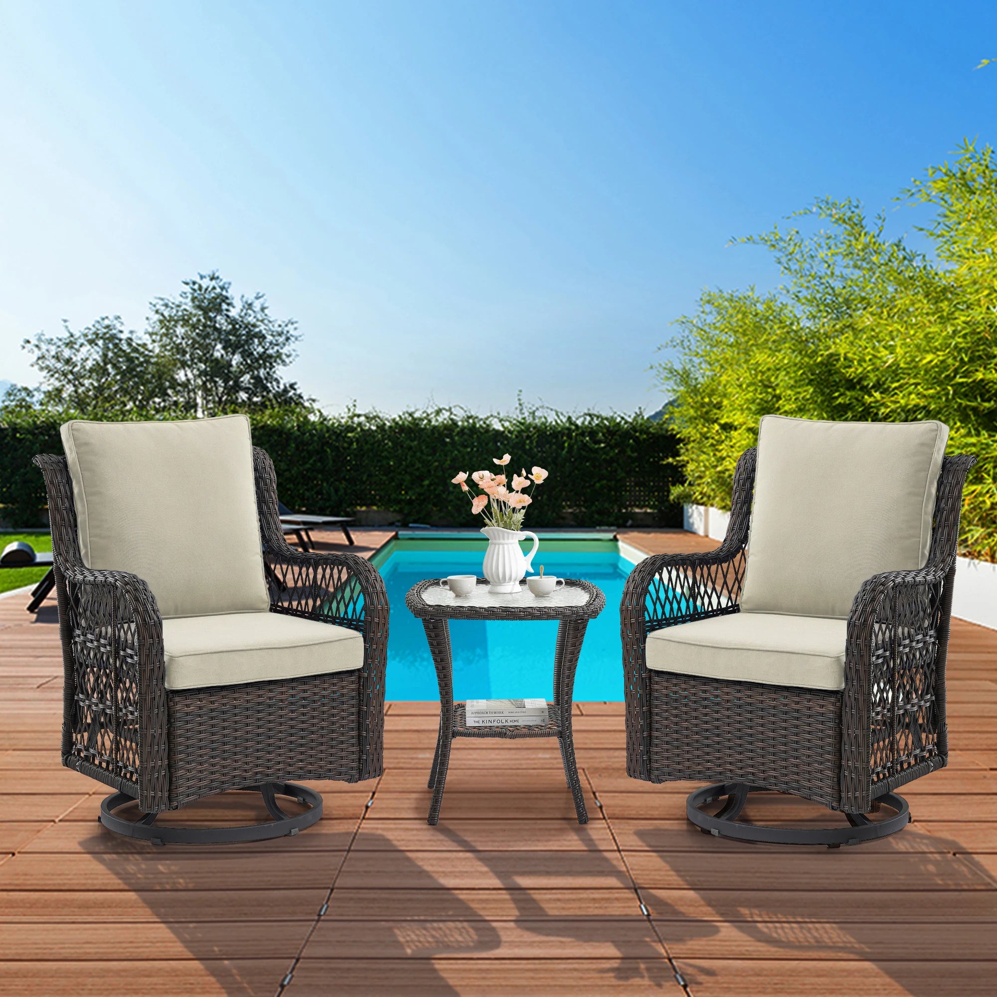 HobbyLane Outdoor Wicker Swivel Chair Set With Rattan Side Table