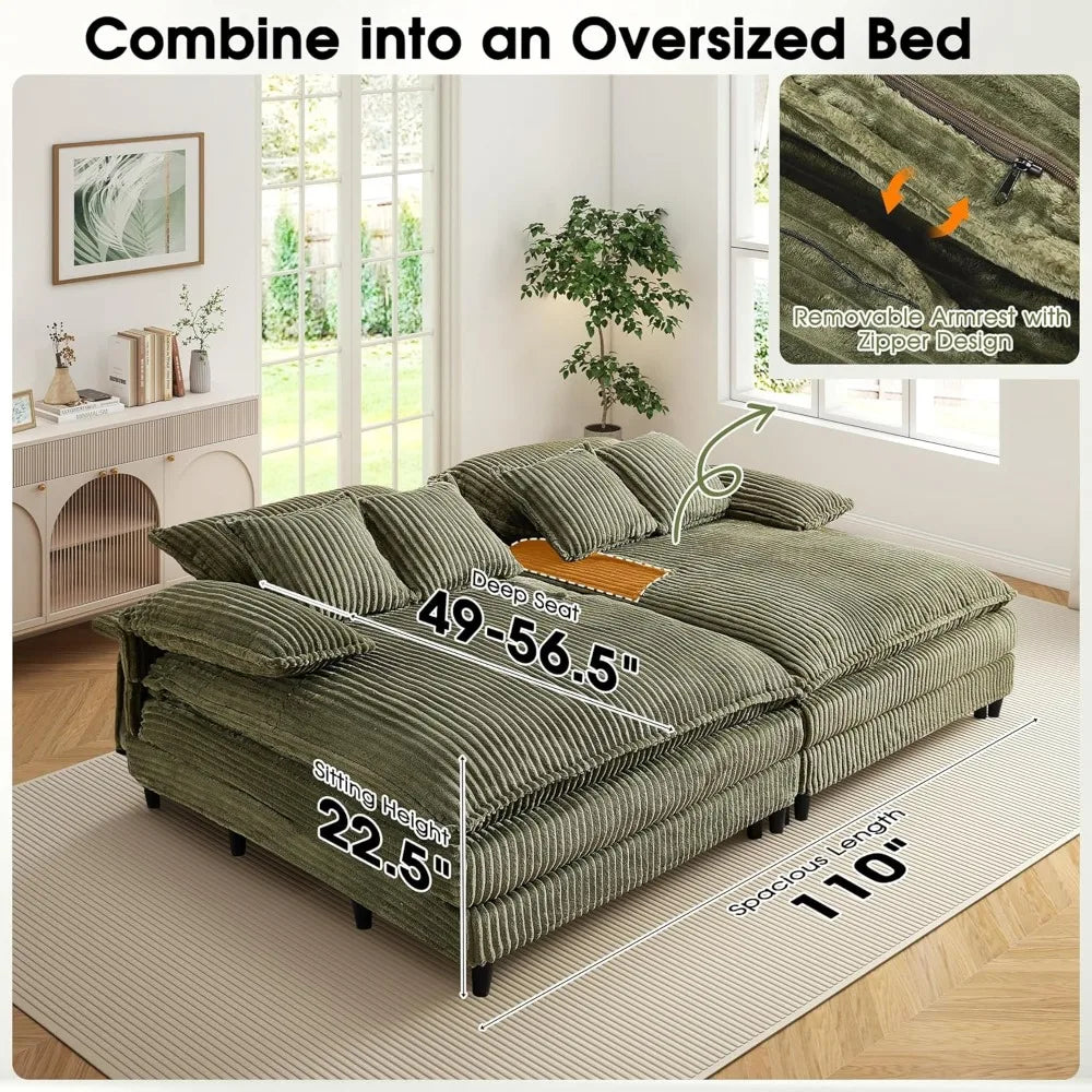 Corduroy Chaise Lounge Chair With 5 Position Backrest And Sleeper Sofa