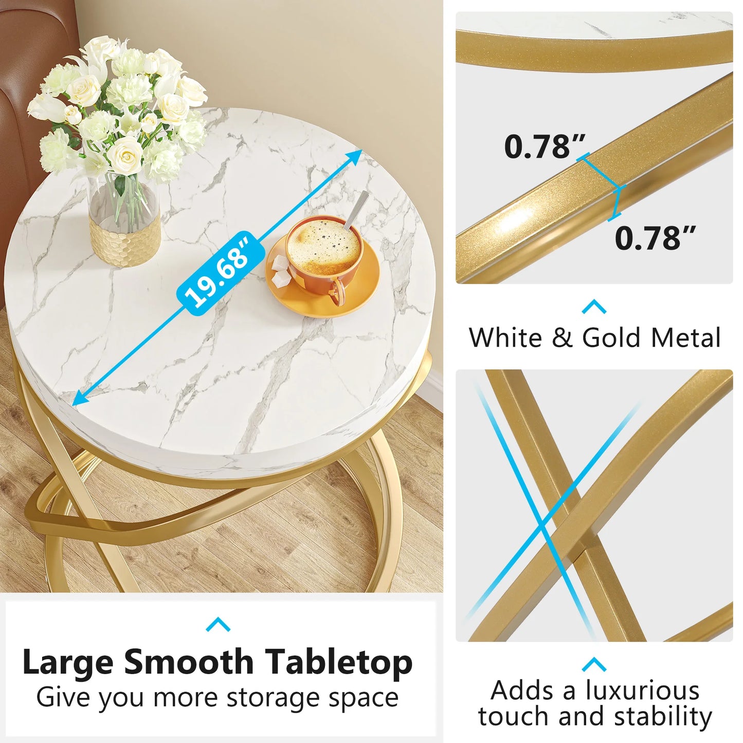 Tribesigns 26 Inches White and Gold Faux Marble Top End Tables Living Room, Round Nightstands Sofa Side Table with X-Shaped