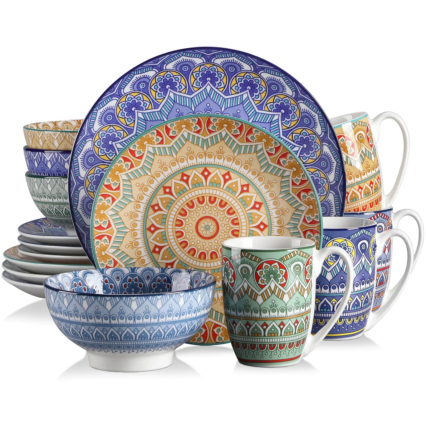 MALACASA Bohemian Mandala Porcelain Sixteen Piece Dinnerware Set