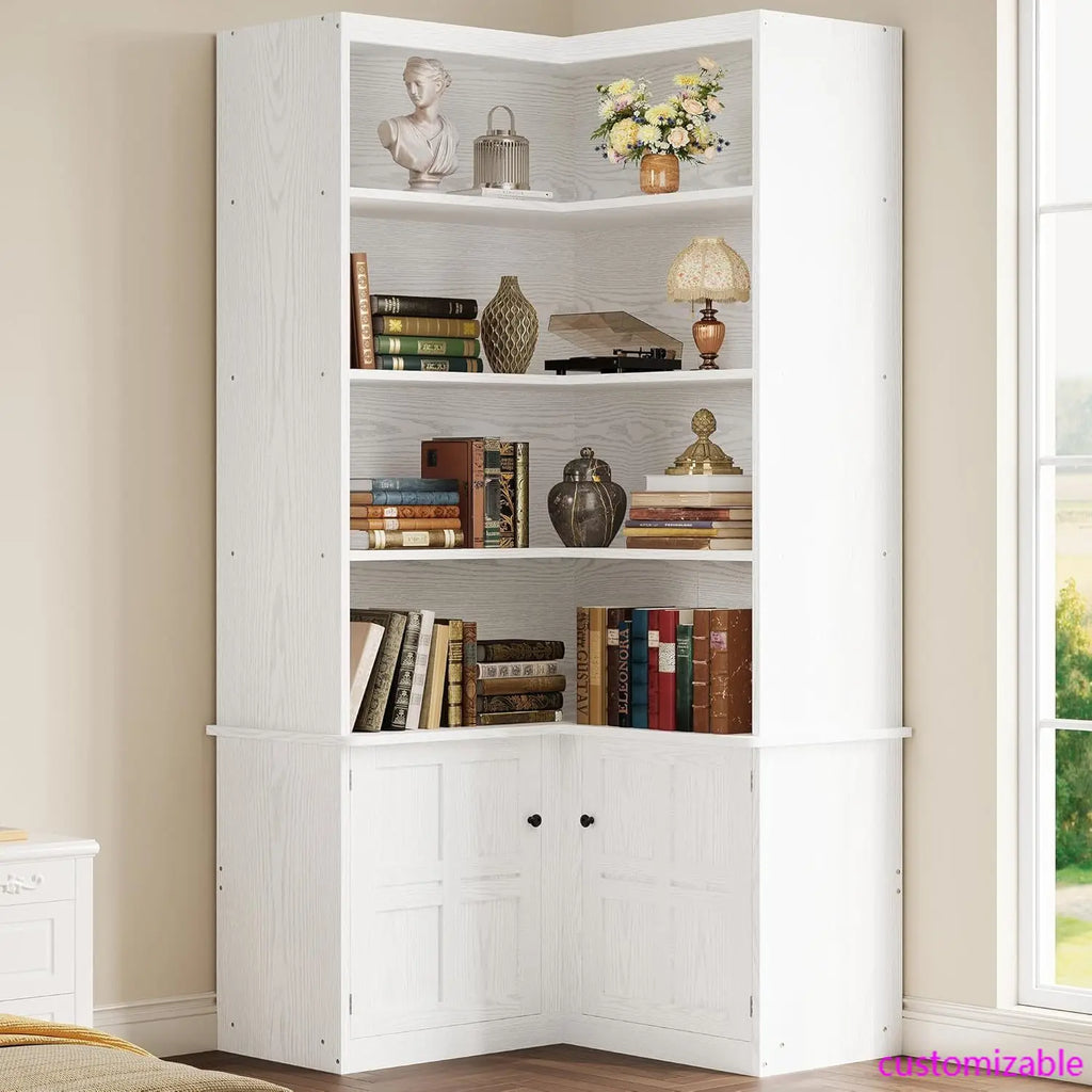 XMSJ Corner Bookshelf With Doors 6 Tier Cabinet Storage