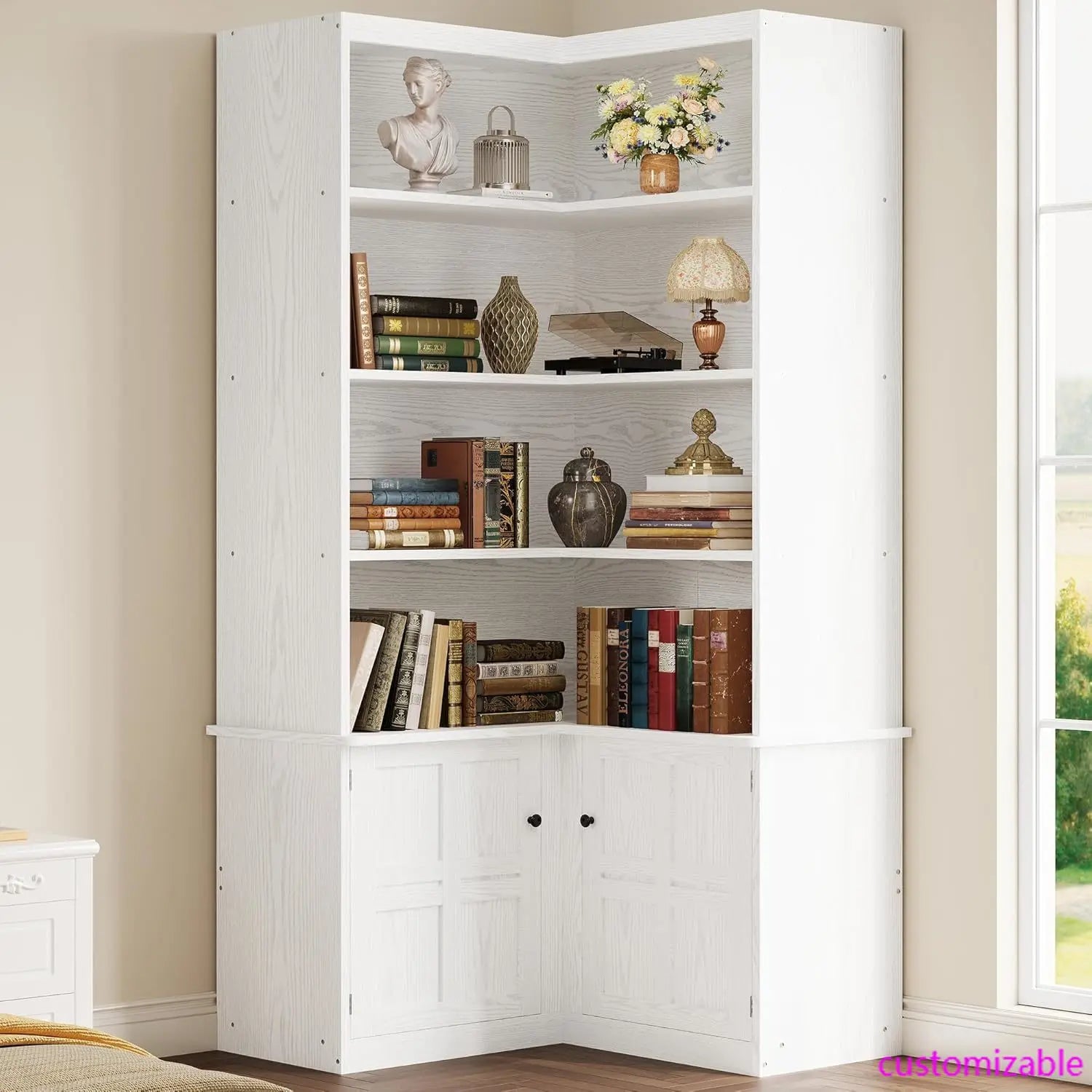 XMSJ Corner Bookshelf With Doors 6 Tier Cabinet Storage