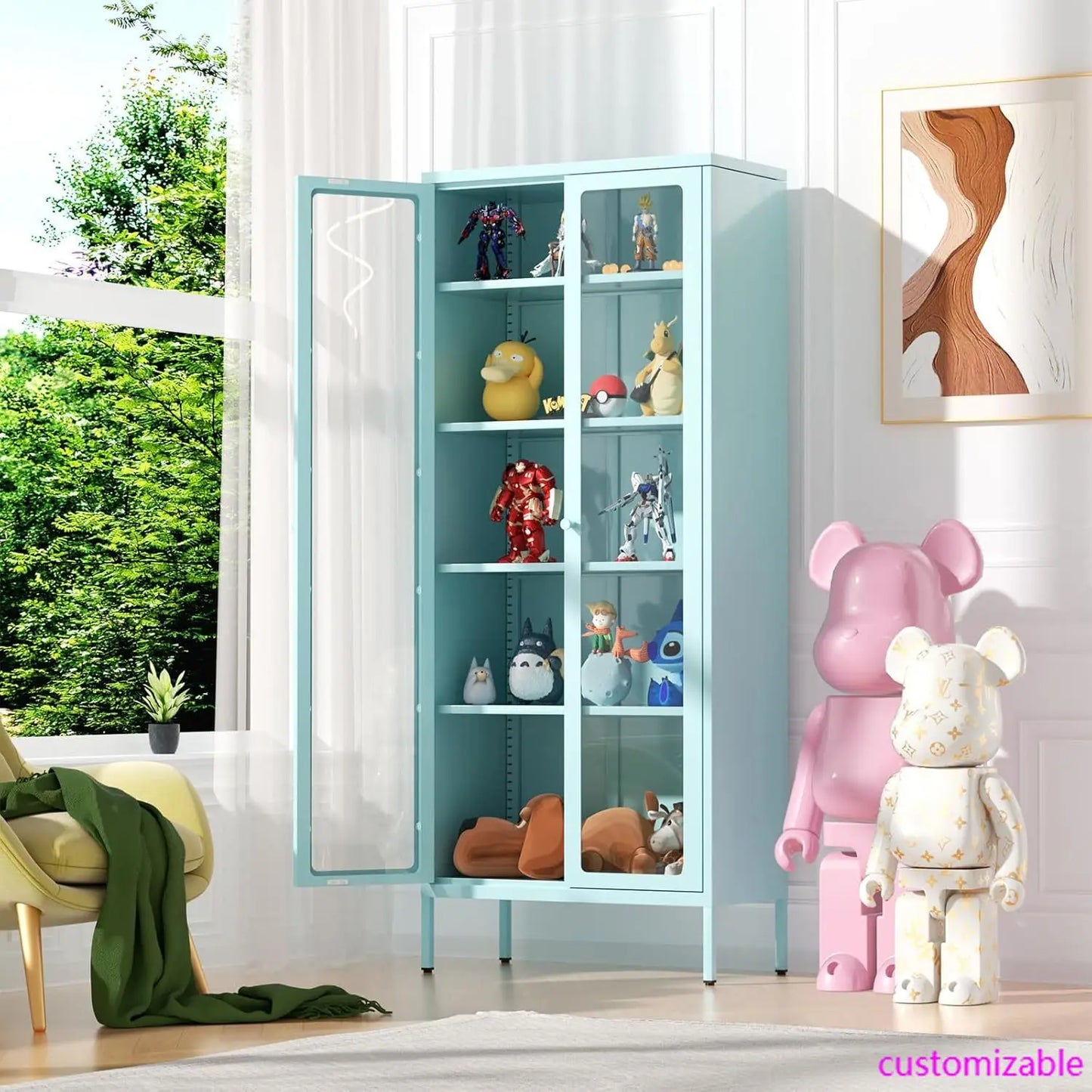 67" Metal Glass Display Cabinet, Storage Cabinet for Collectibles, Curio, China, Books, Display Case with Glass Doors