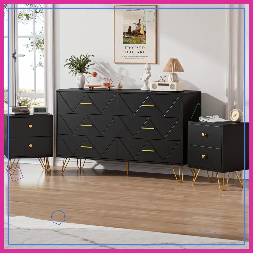 Three Piece Bedroom Set With Six Drawer Dresser And Nightstands