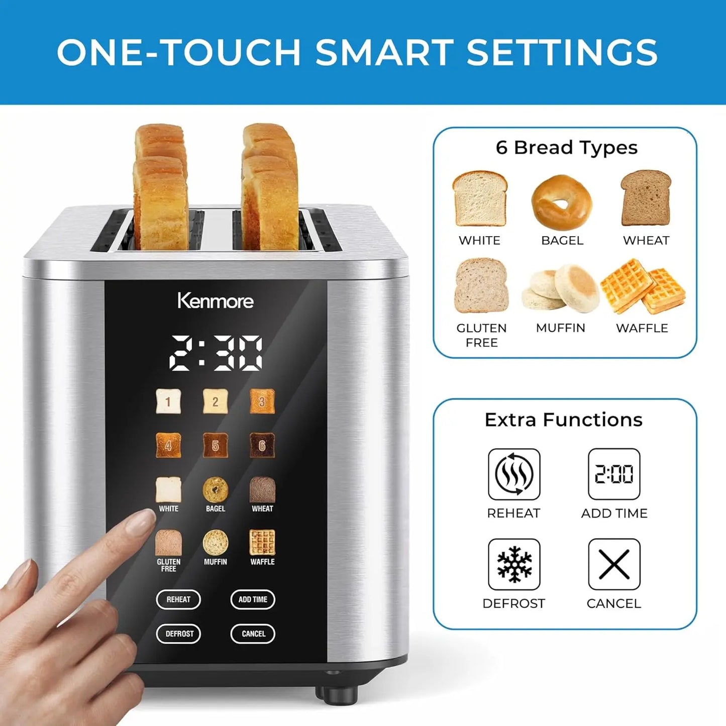 Kenmore 4-Slice Digital Touchscreen Toaster - 900W StainlSteel, Wide Slots 6 Shade Settings, Bread Presets, Countdown Timer