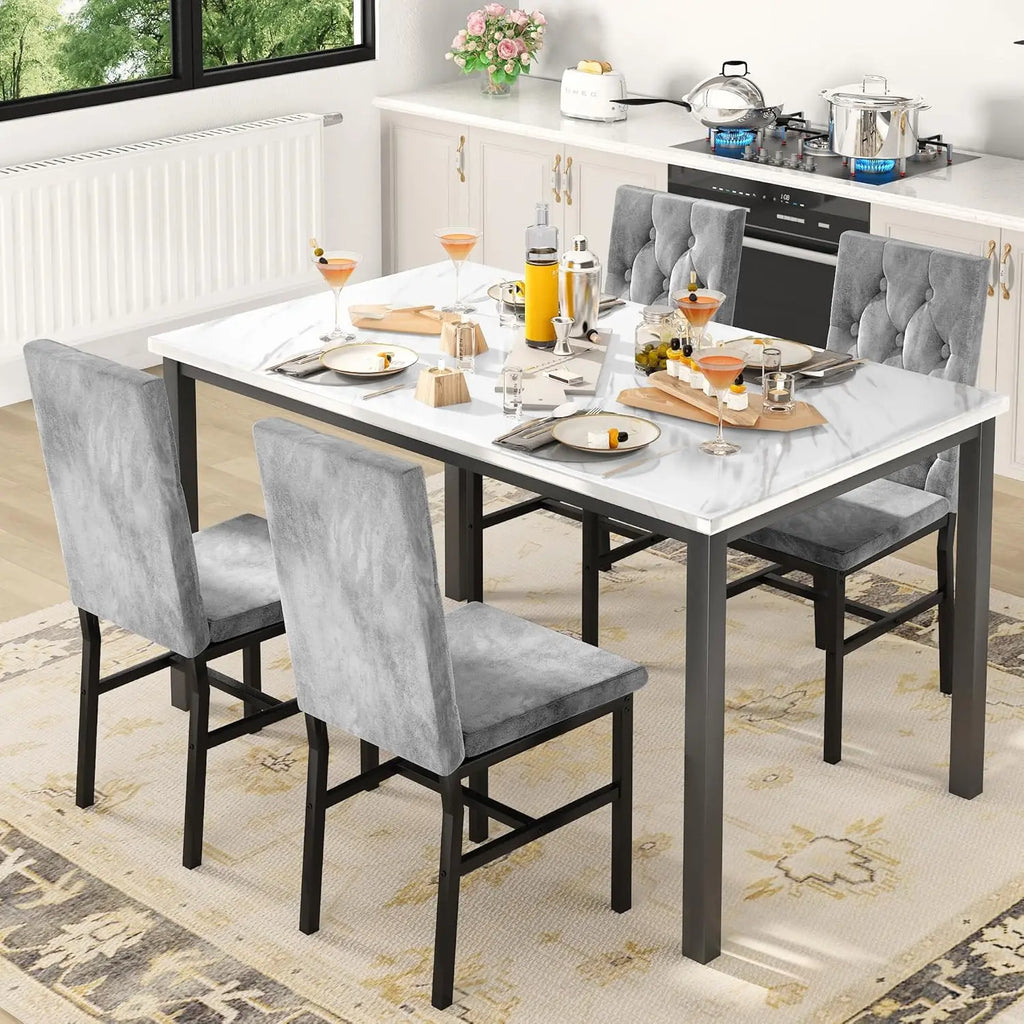 Hooseng Dining Table Set For 4 Faux Marble Kitchen Chairs
