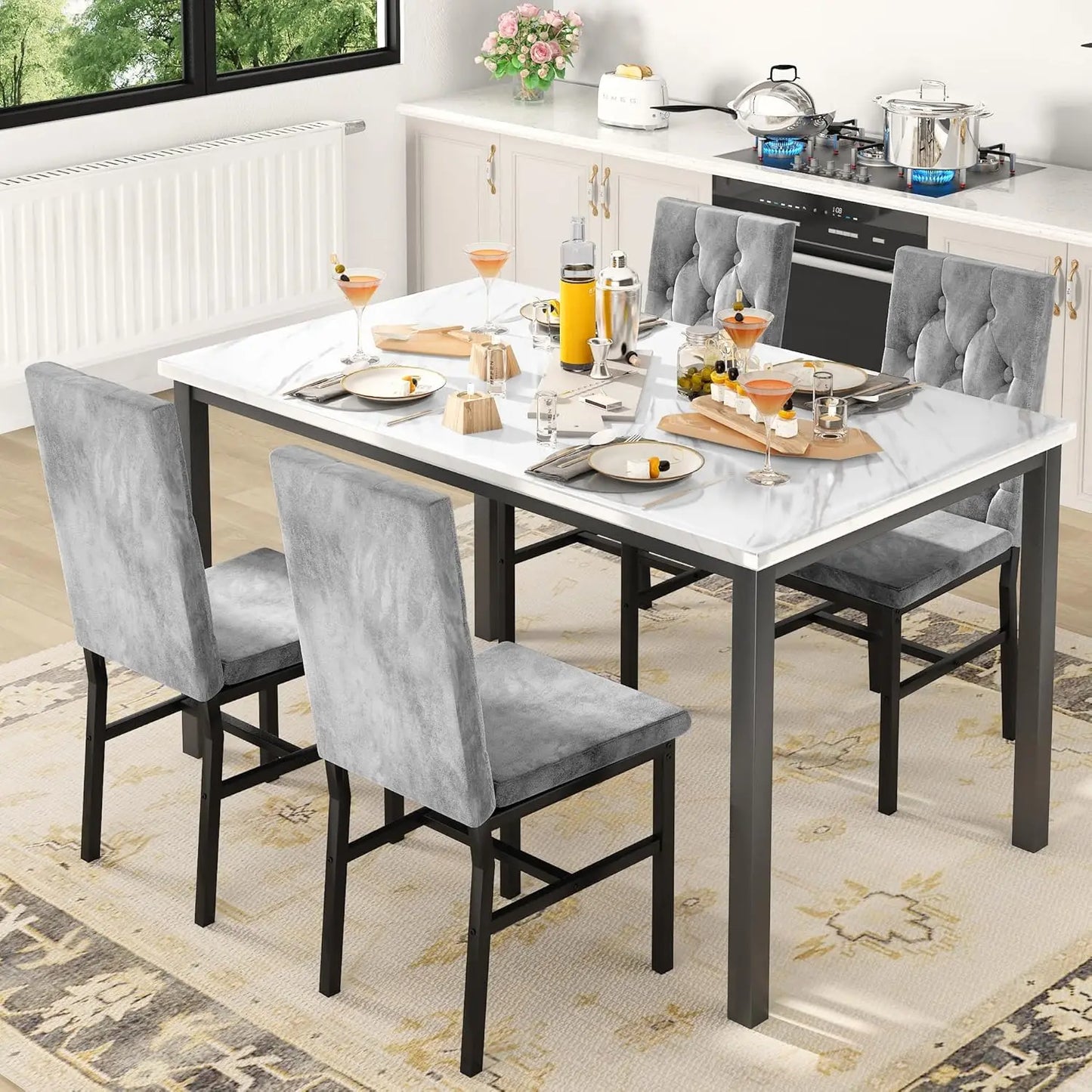 Hooseng Dining Table Set For 4 Faux Marble Kitchen Chairs