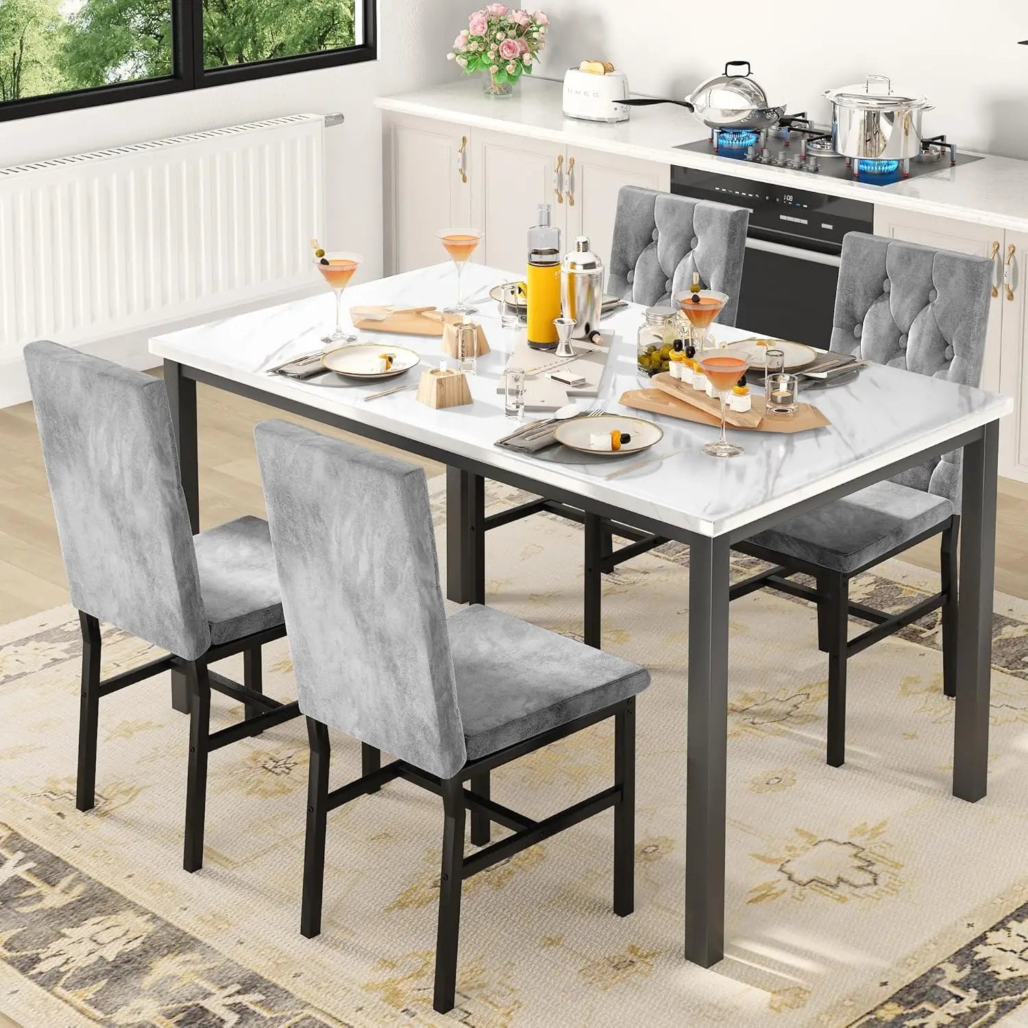 Hooseng Dining Table Set For 4 Faux Marble Kitchen Chairs