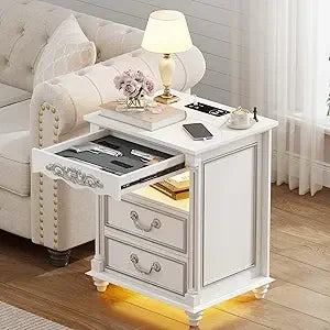 RBXC Farmhouse Nightstand With Gun Drawer LED Lighting And Charging Station