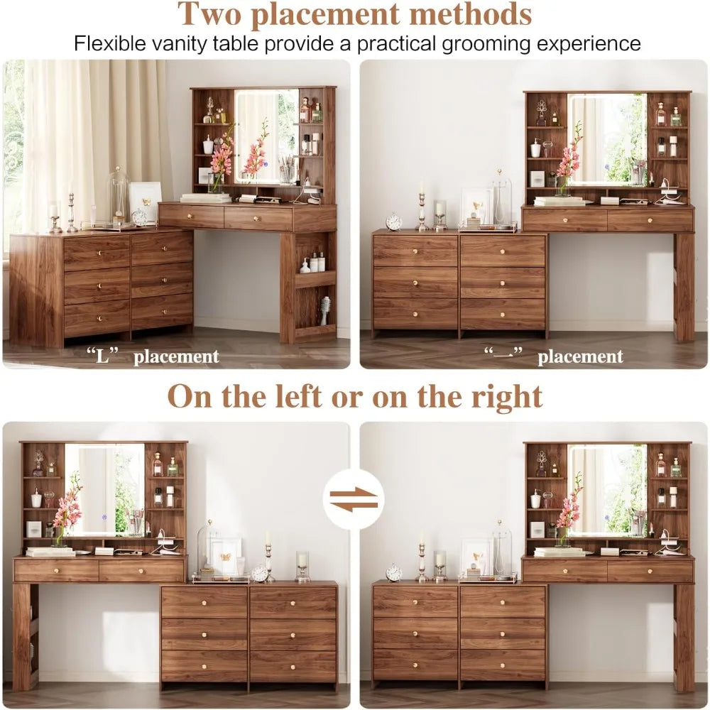 Vanity Desk With Mirror Lights And Eight Drawers Storage Shelves