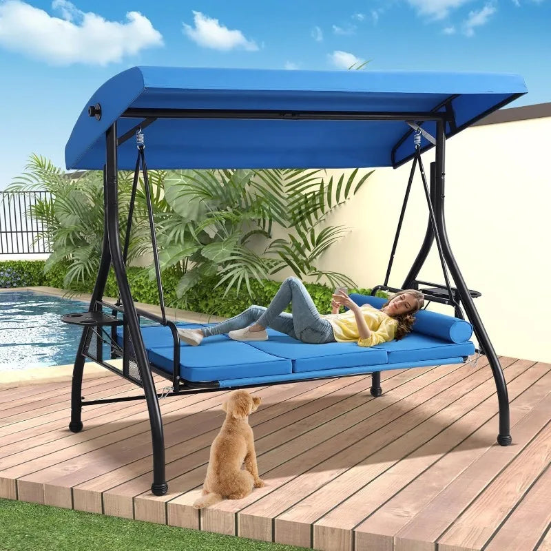 3 Seat Outdoor Porch Swing With Adjustable Canopy And Cushions
