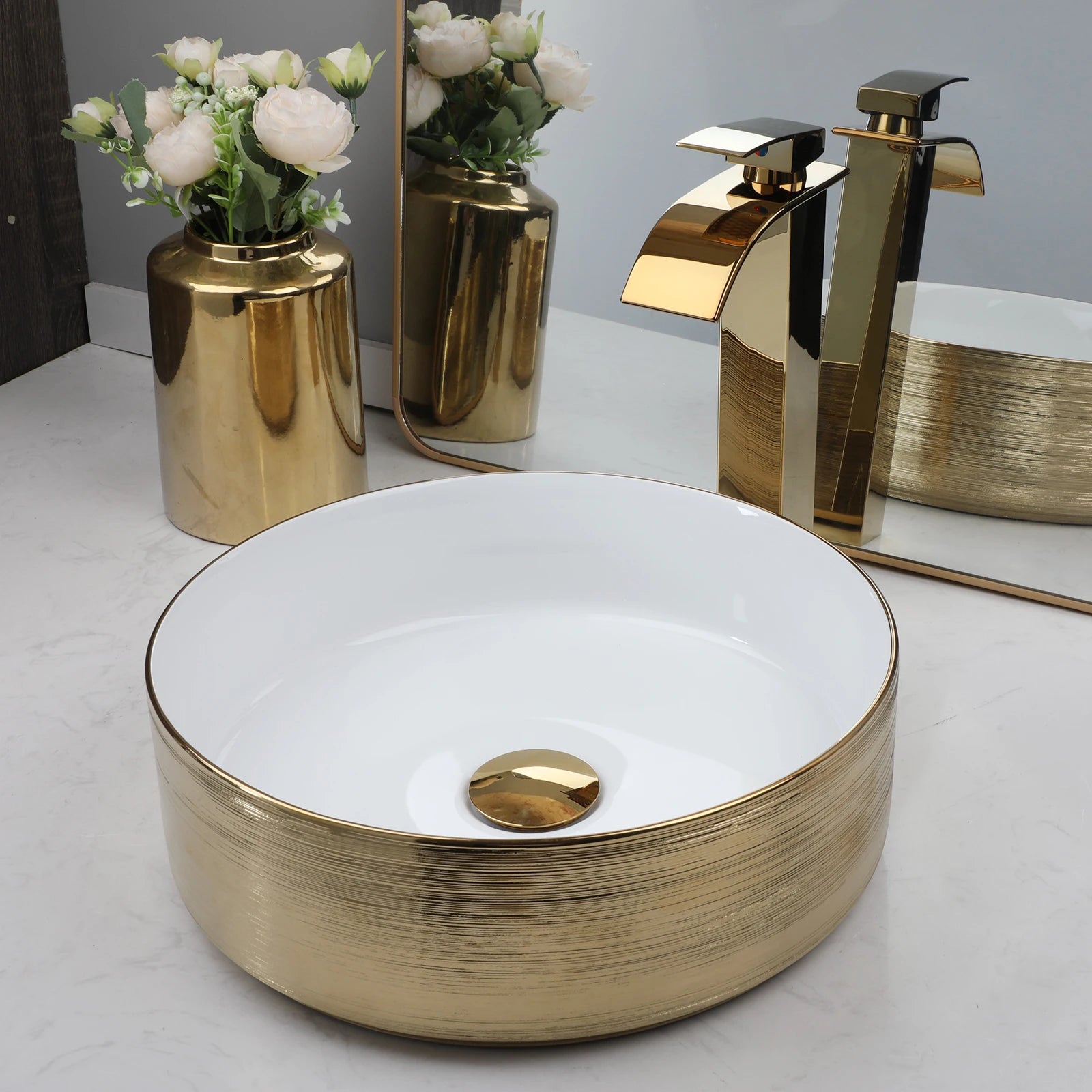 KEMAIDI 14.6'' Gold Round Vessel Sink with Faucet Ceramic Vessel Sink Bathroom Sinks Above Counter Vessel Sink Counter top Sink