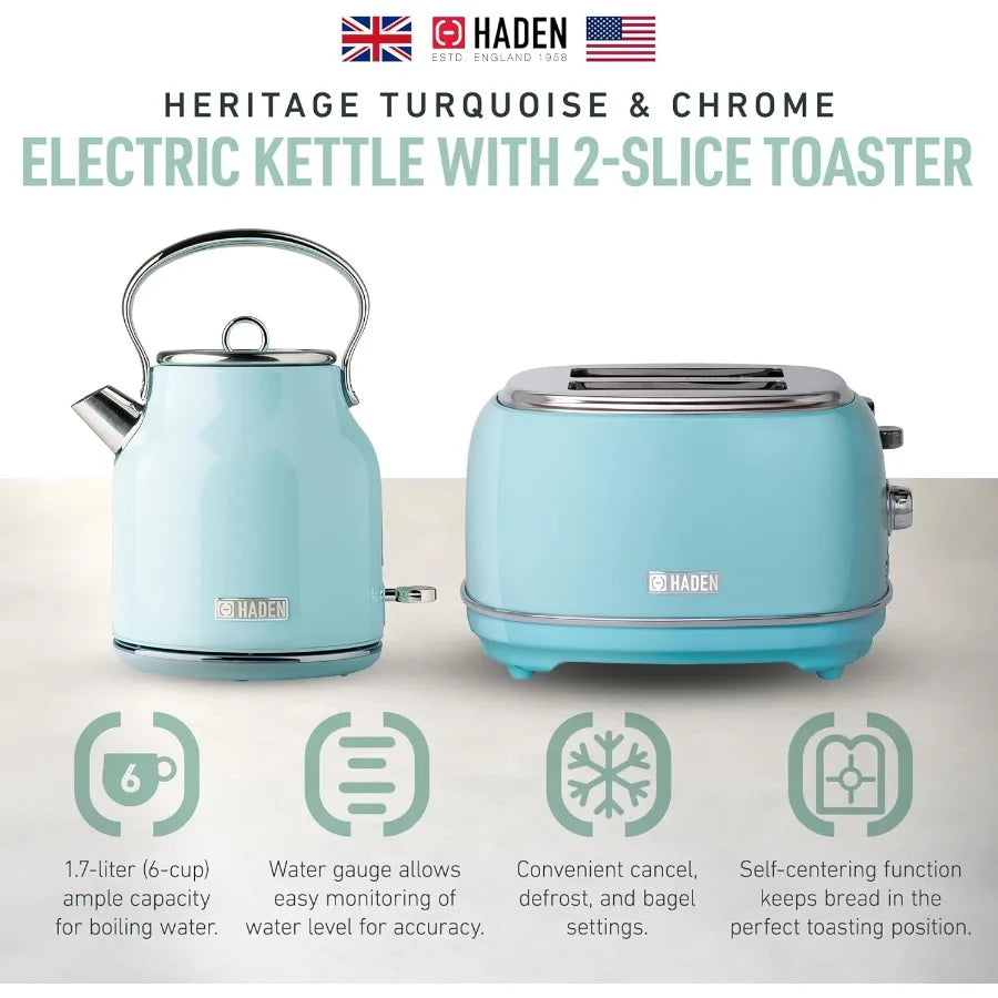 Heritage 1.7 Liter Stainless Steel Electric Tea Kettle with Heritage 2 Slice Wide Slot Stainless Steel Bread Toaster Turquoise