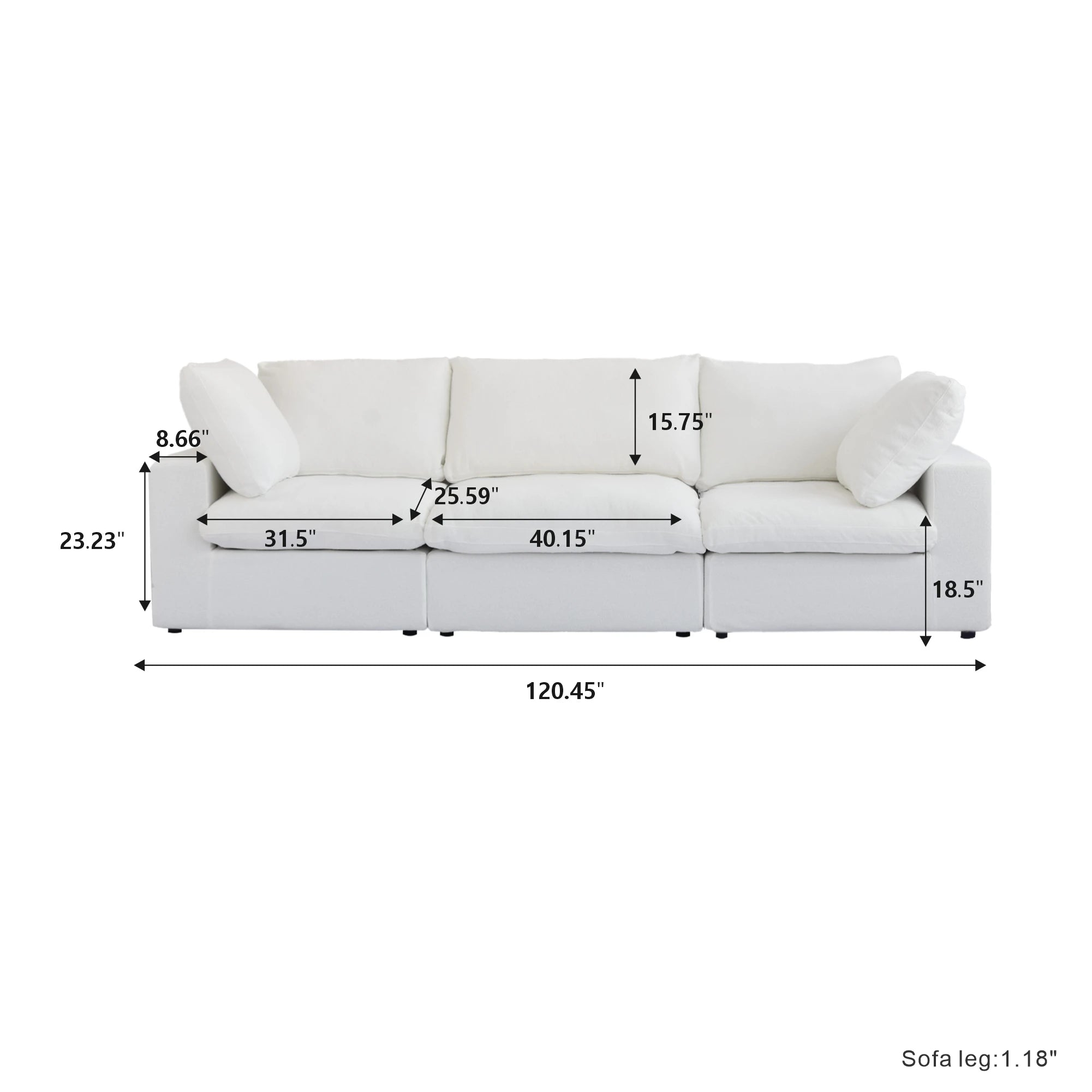 120.45" Cloud Modular Sectional Sofa Minimalist 3-Seats Sofa Couch Convertible Couch Deep Seat Couches for Living Room Sofa Sets