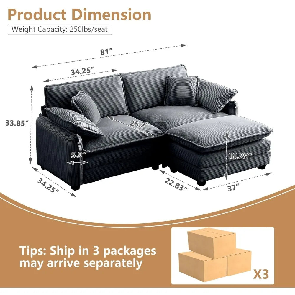 Modern Modular Sectional Sofa Corduroy Loveseat Sofa with Movable Ottoman,81” Comfy Cloud Deep Seat L-Shaped Couches with