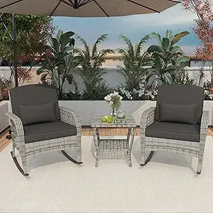 Patio Furniture Set With Outdoor Rocking Chairs And Rattan Coffee Table Weather Resistant