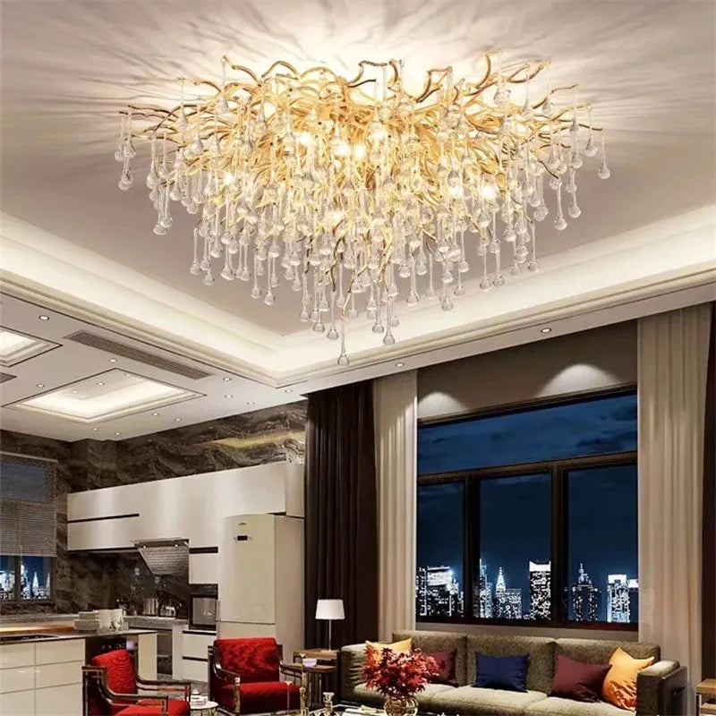 Luxury Modern Crystal Ceiling Bedroom Chandelier Round Glass Cristal Gold Tree Branch Ceiling Chandeliers For Living Dining Room