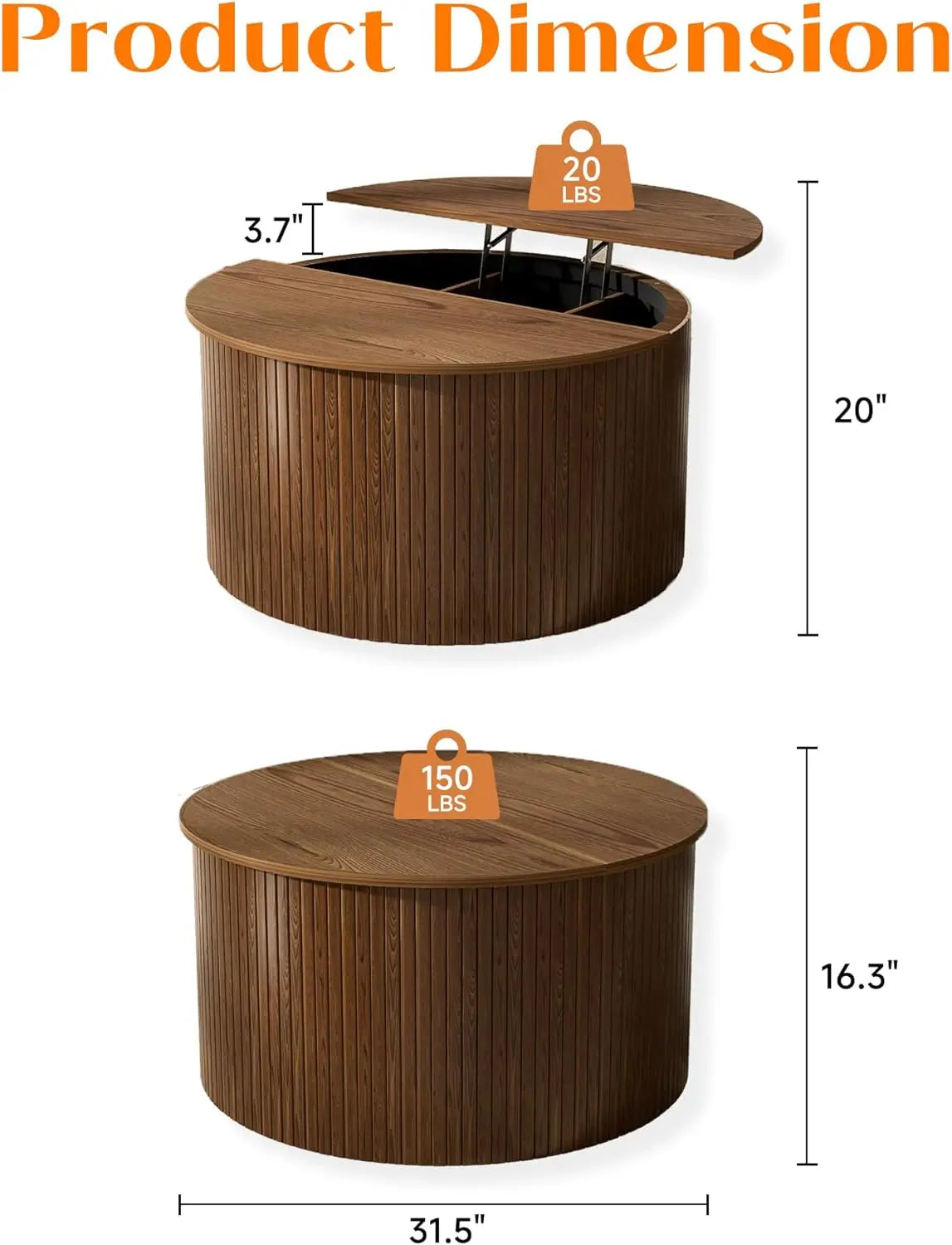 Fluted Round Lift Top Coffee Table With Storage Walnut