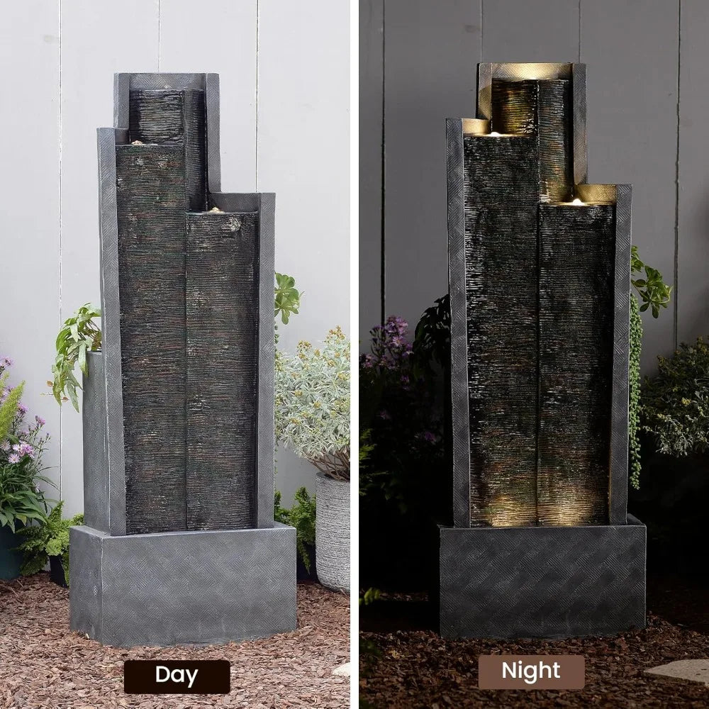 Garden Water Fountain Outdoor Modern Cascading Floor Standing With Lights