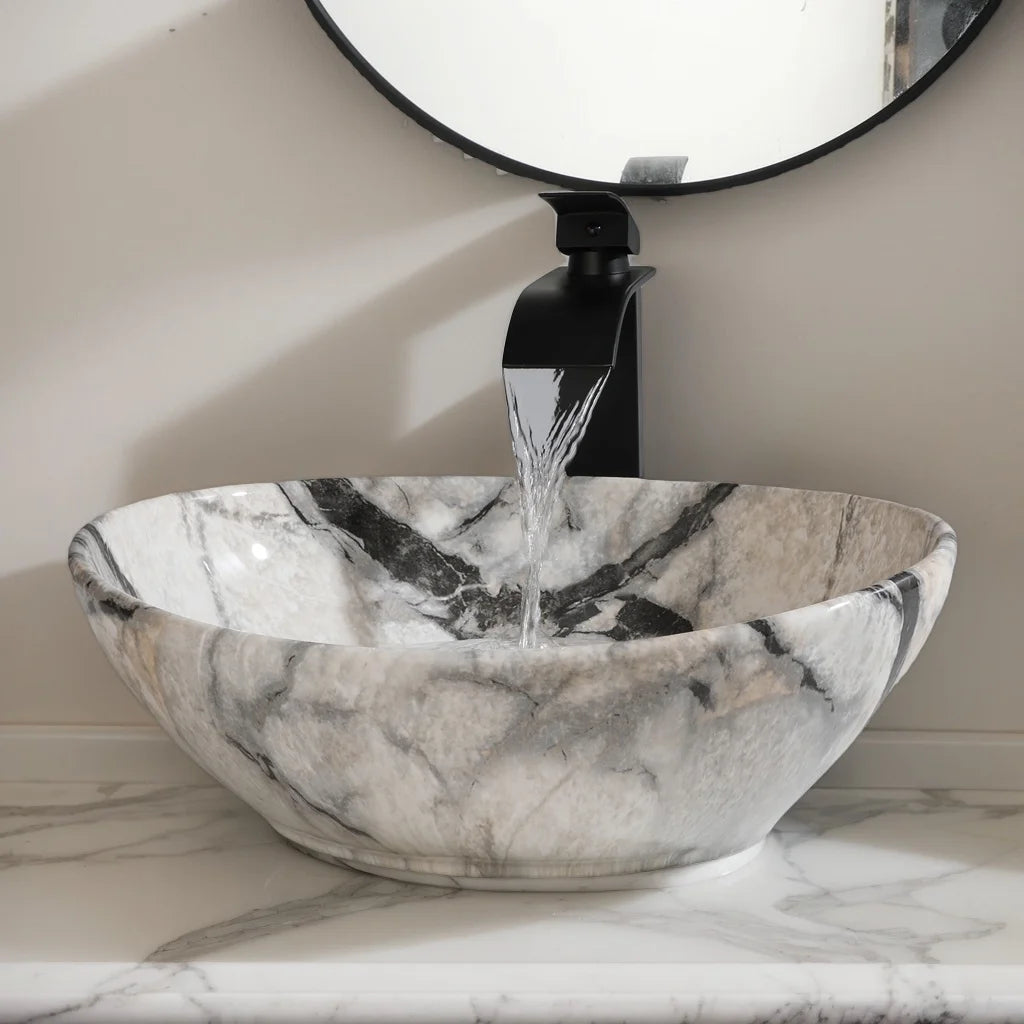 KEMAIDI Oval Vessel Sink Ceramic Bathroom Sink with Waterfall Faucet Bowl Sink White Black Marble Bathroom Sinks Above Counter
