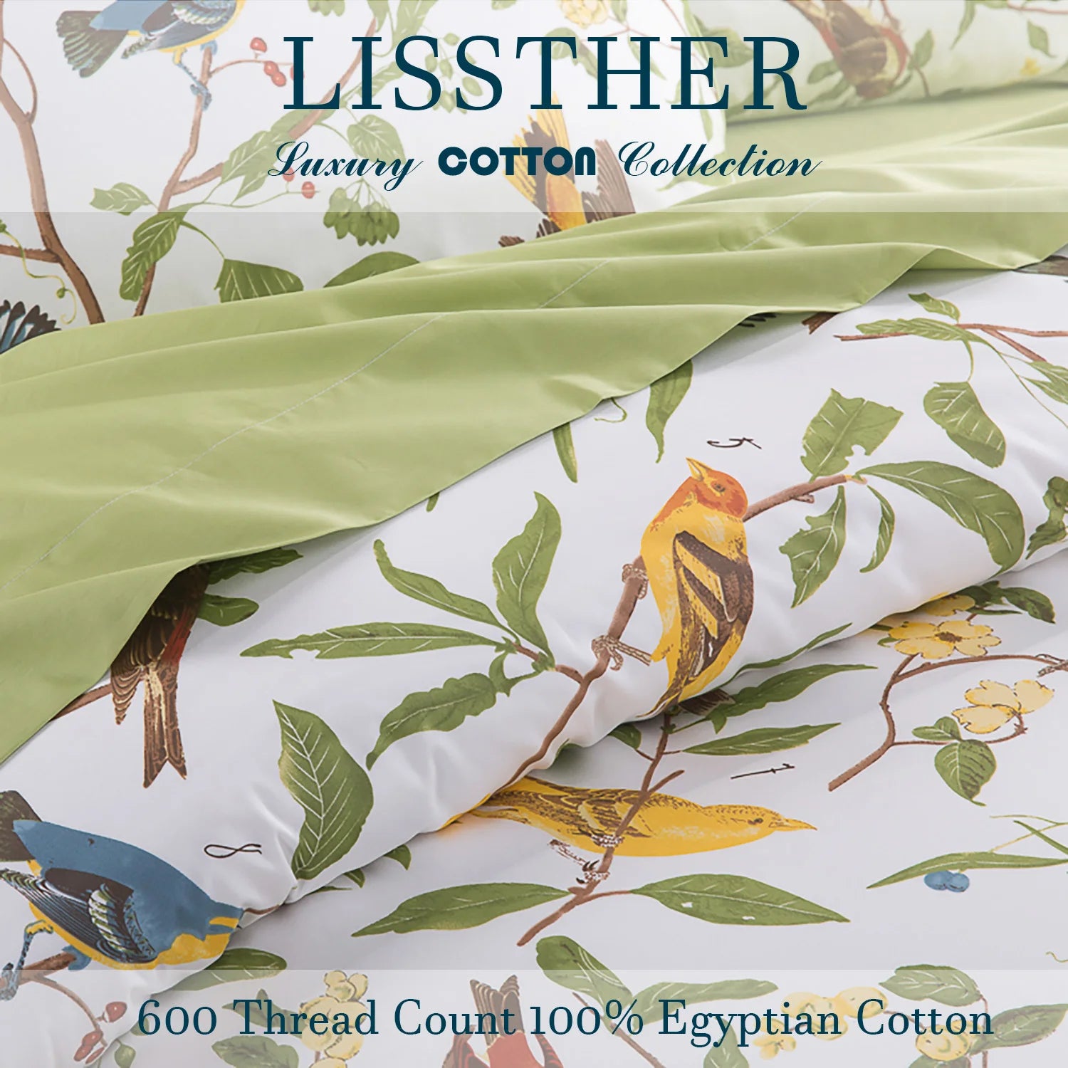LISSTHERCN 3Pc Egyptian Cotton Duvet Cover Set Bird Floral