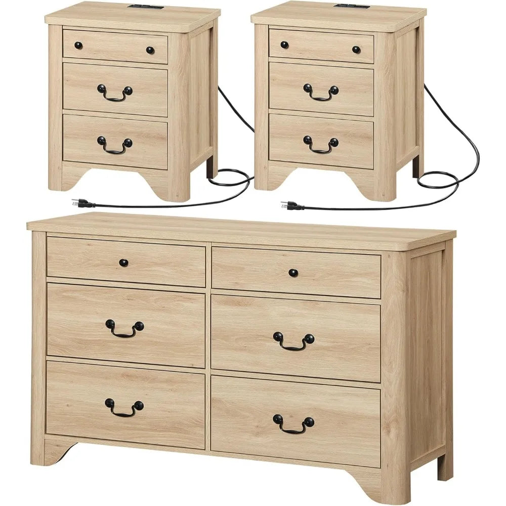 MKDK Farmhouse Dresser And Nightstand Set 3 Piece Bedroom Storage
