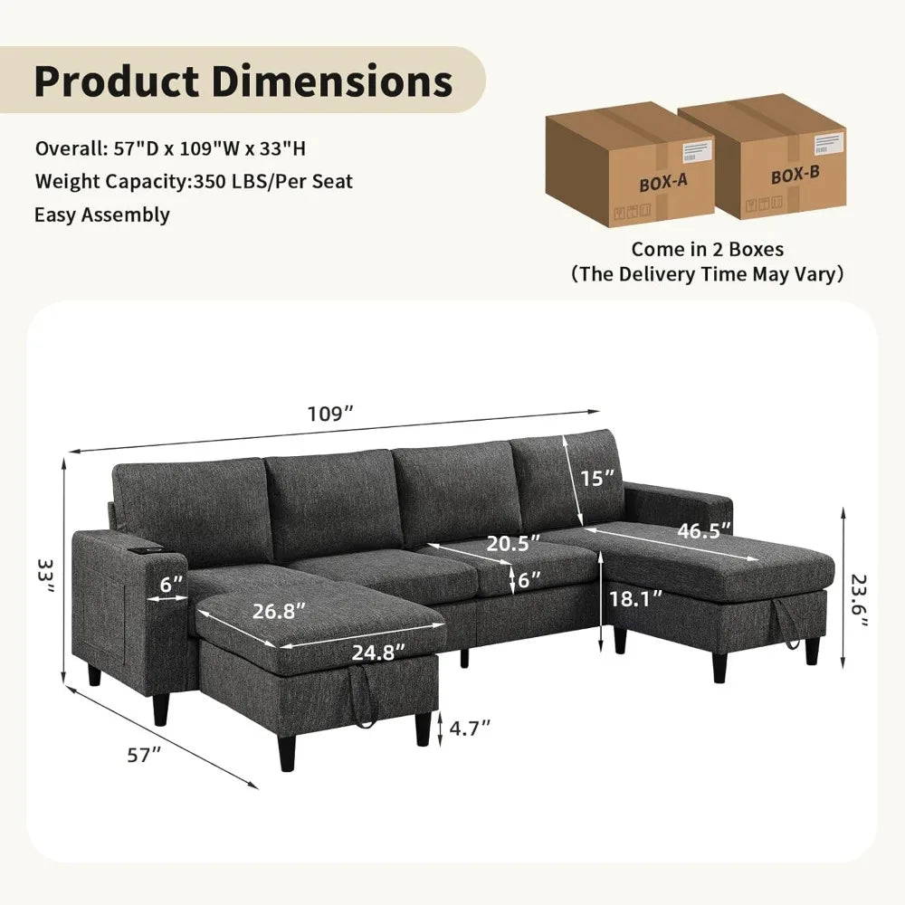 Sectional Couches for Living Room, 6-Seats Soft Linen Fabric Sectional Sofa with Storage Ottoman, Modern Convertible U/L Shaped