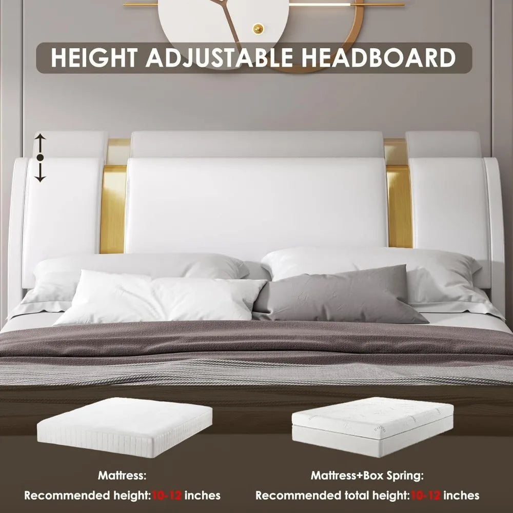 YANYING Modern Faux Leather Platform Bed Frame Golden Metal