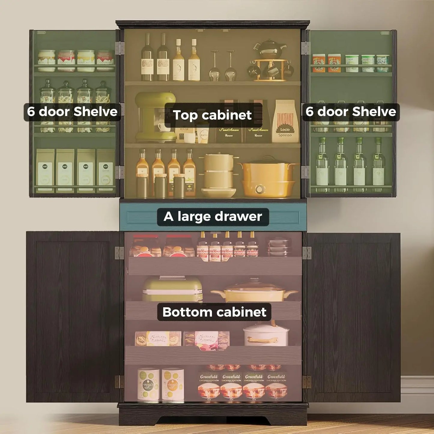 Farmhouse Kitchen Pantry Cabinet, 72" Height Tall Freestanding Cupboard with Sliding Storage Rack and 6 Hanging Shelves·Hot Sale