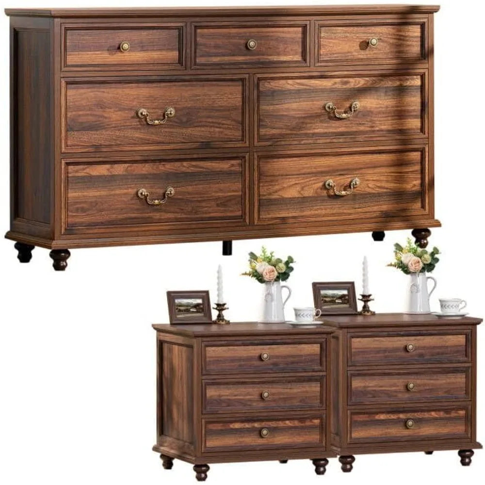 MKDK Farmhouse Dresser And Nightstands Set 3-Piece With Storage