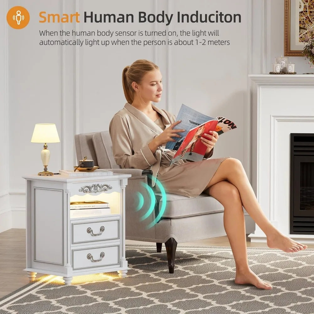 RBXC Farmhouse Nightstand With Gun Drawer LED Lighting And Charging Station