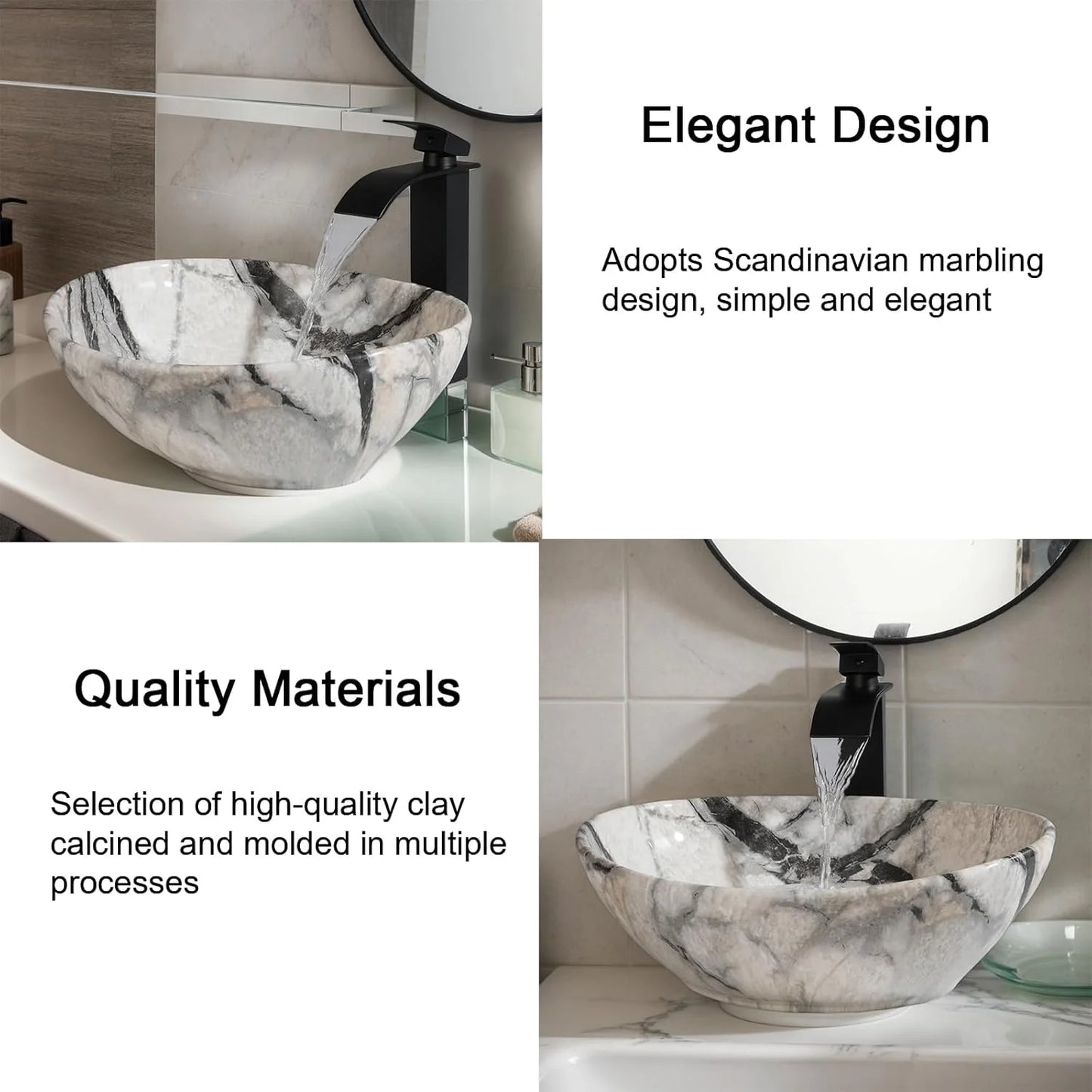 KEMAIDI Oval Vessel Sink Ceramic Bathroom Sink with Waterfall Faucet Bowl Sink White Black Marble Bathroom Sinks Above Counter