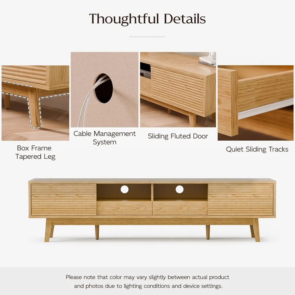 HUANZHUANG Mid Century Modern TV Console With Fluted Sliding Doors