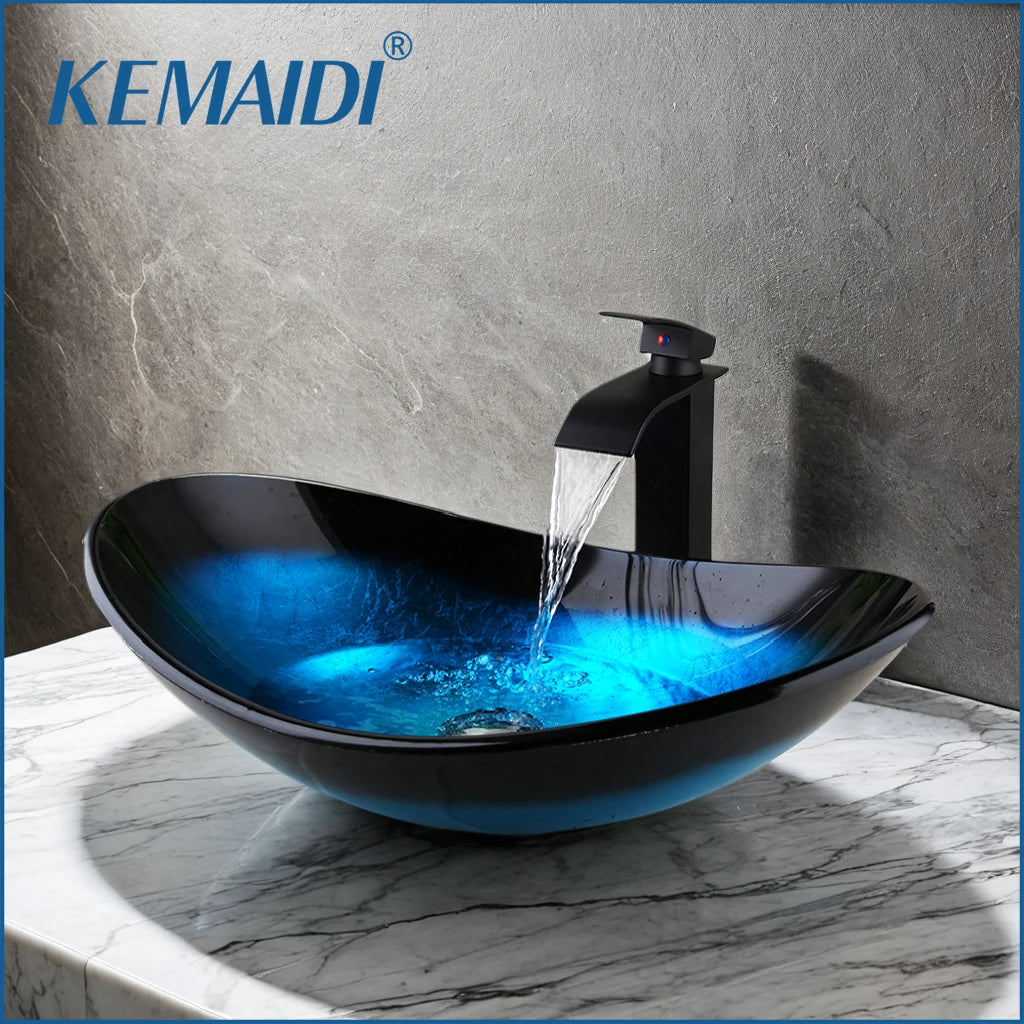 KEMAIDI Bathroom Sink Tempered Glass Washbasin Vessel Sink with Black Waterfall Faucet Bathroom Countertop Basin Sinks