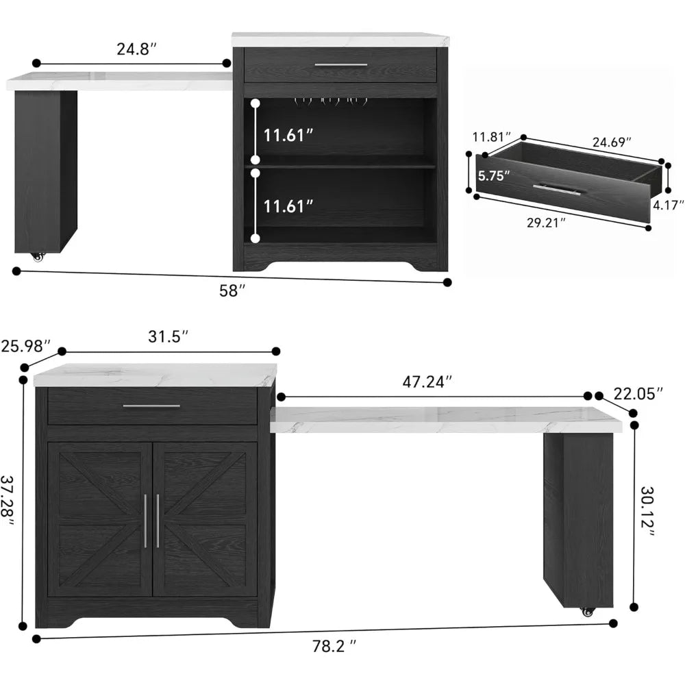 LZJV Farmhouse Rolling Kitchen Island With Extendable Table For 4-6