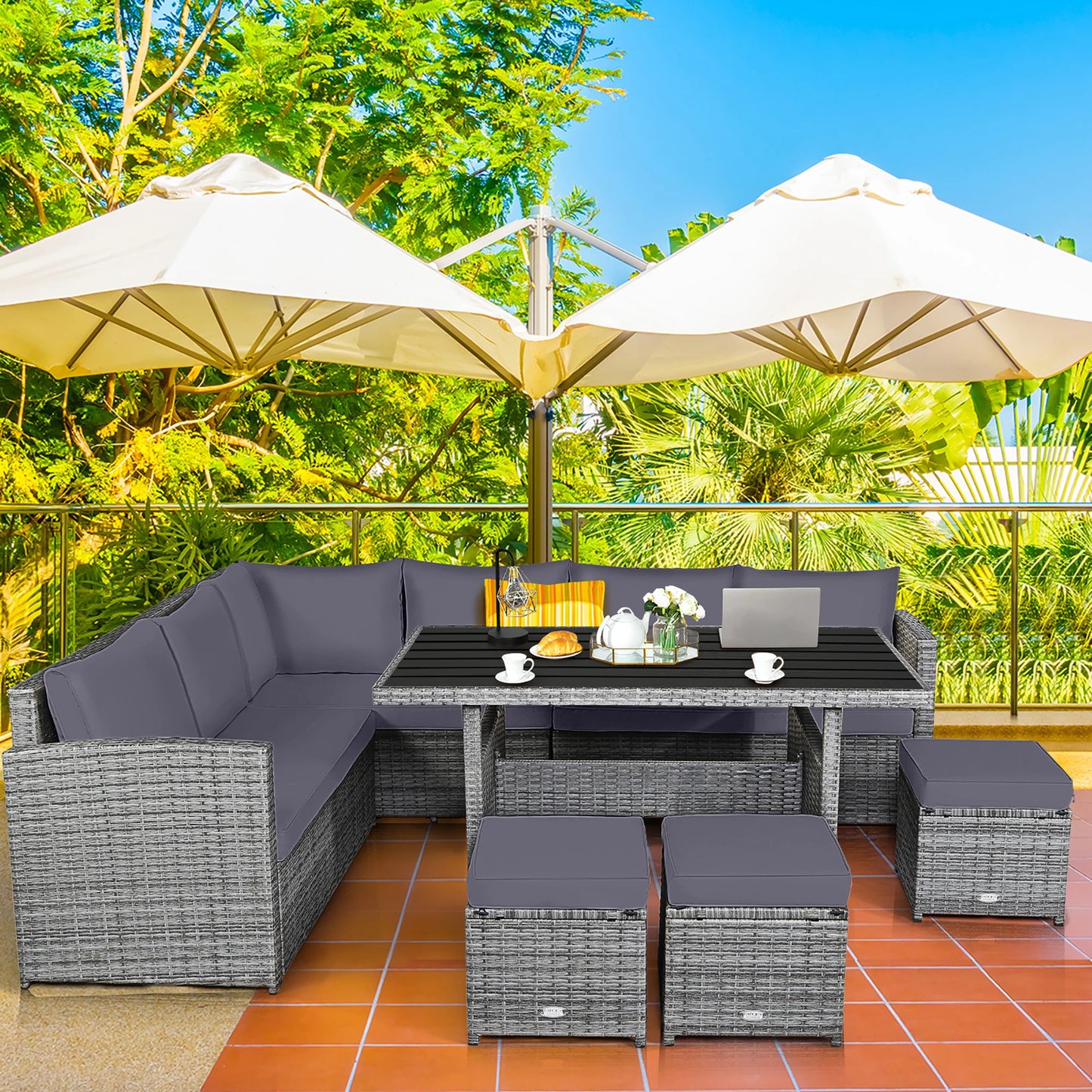 7 PCS Patio Rattan Dining Set Sectional Sofa Couch Ottoman Garden Grey