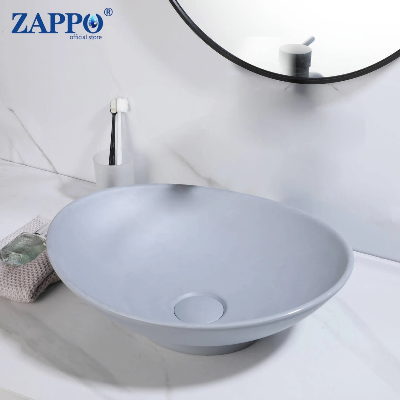 ZAPPO Bathroom Vessel Sink With Drain Bathroom Stone Resin Washbasin Round Above Counter Bowl Sinks for Bar Hotel (No Faucet)