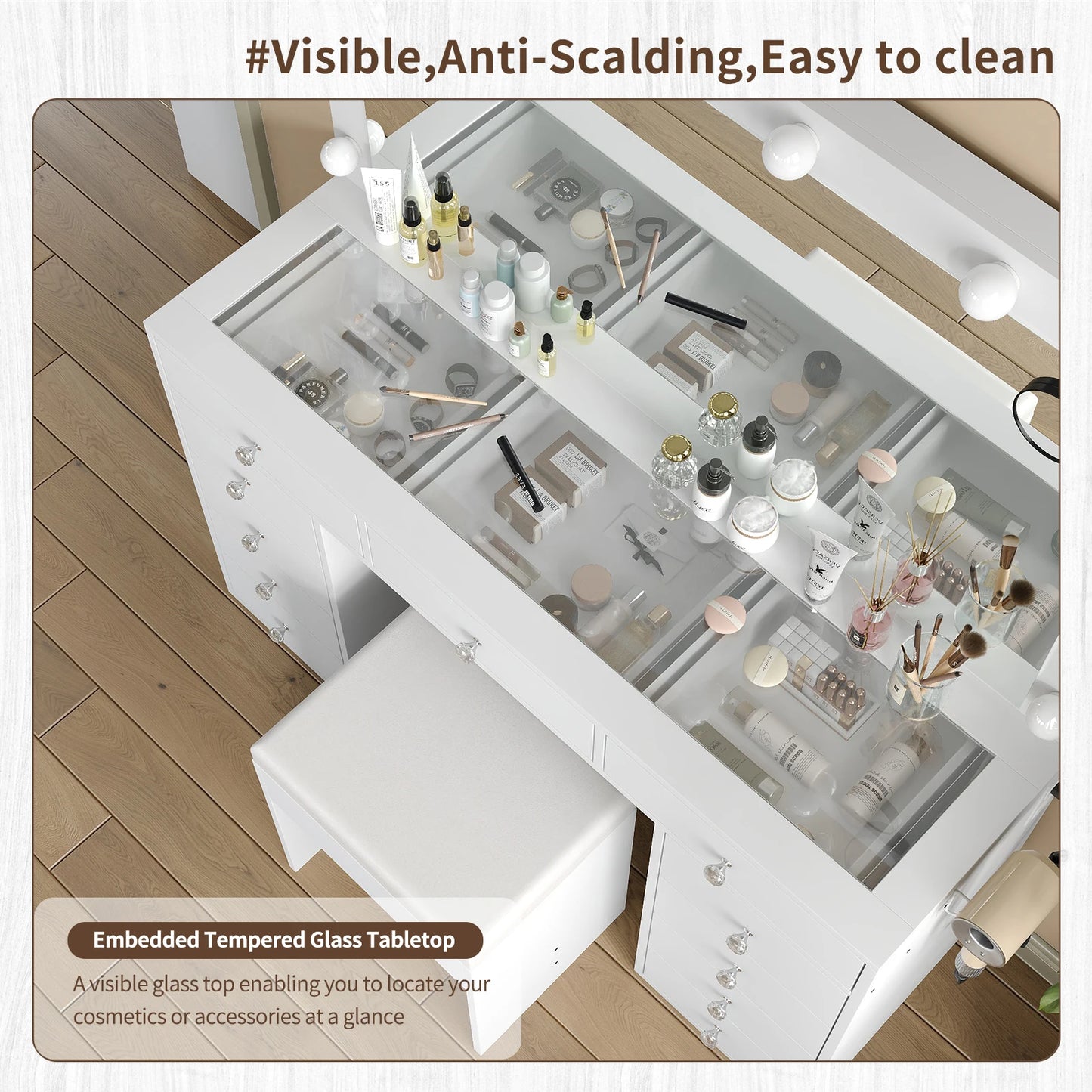 General Use Bedroom Vanity Desk With LED Mirror Drawers