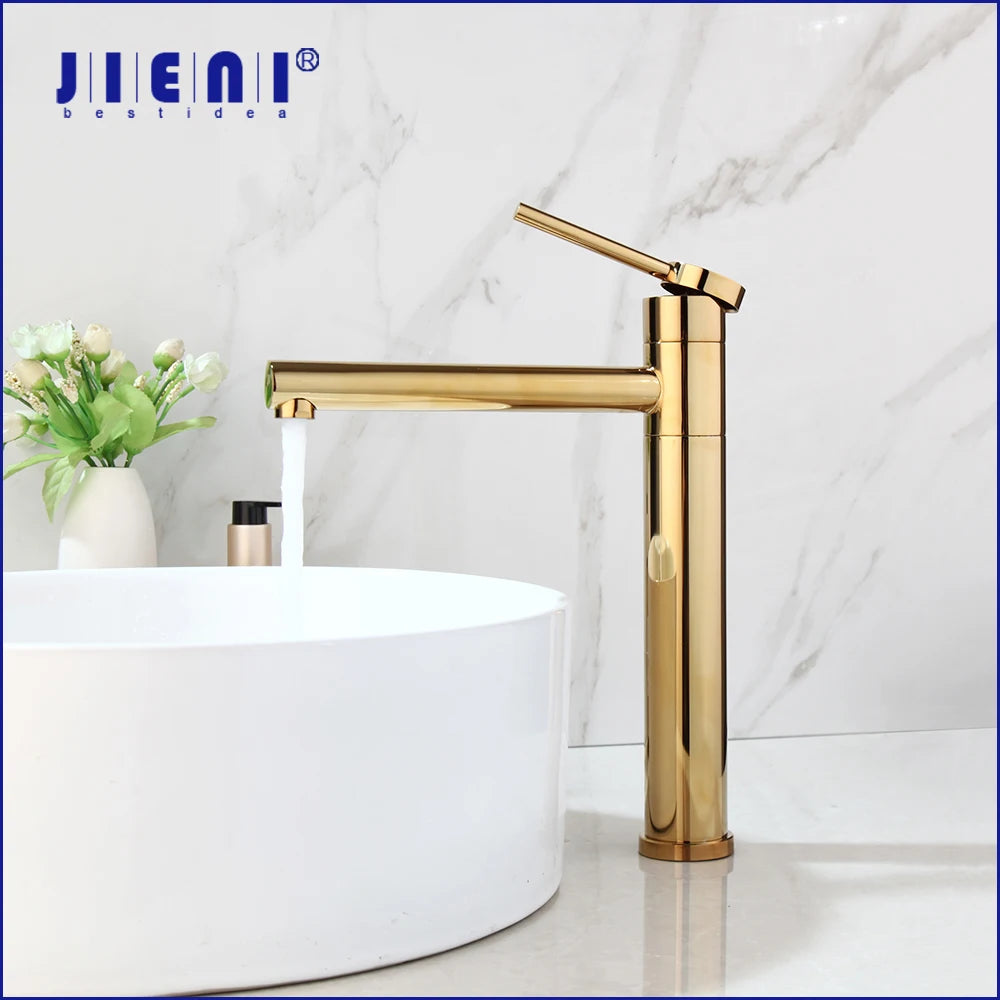 JIENI Deck Mounted Bathroom Vessel Sink Faucet With Long Spout