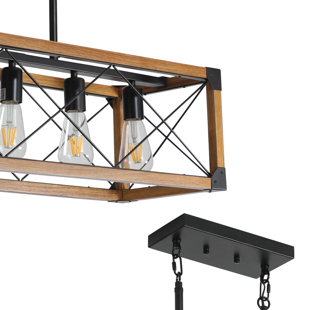 31“Industrial Farmhouse Rectangle Pendant Light - Wood & Iron Metal Frame, 5-Light E26 Bulb Chandelier for Dining Room, Kitchen